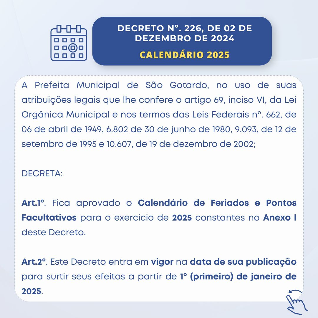 Prefeitura Municipal De São Gotardo | Decreto Municipal Calendário De Pontos Facultativos 2025