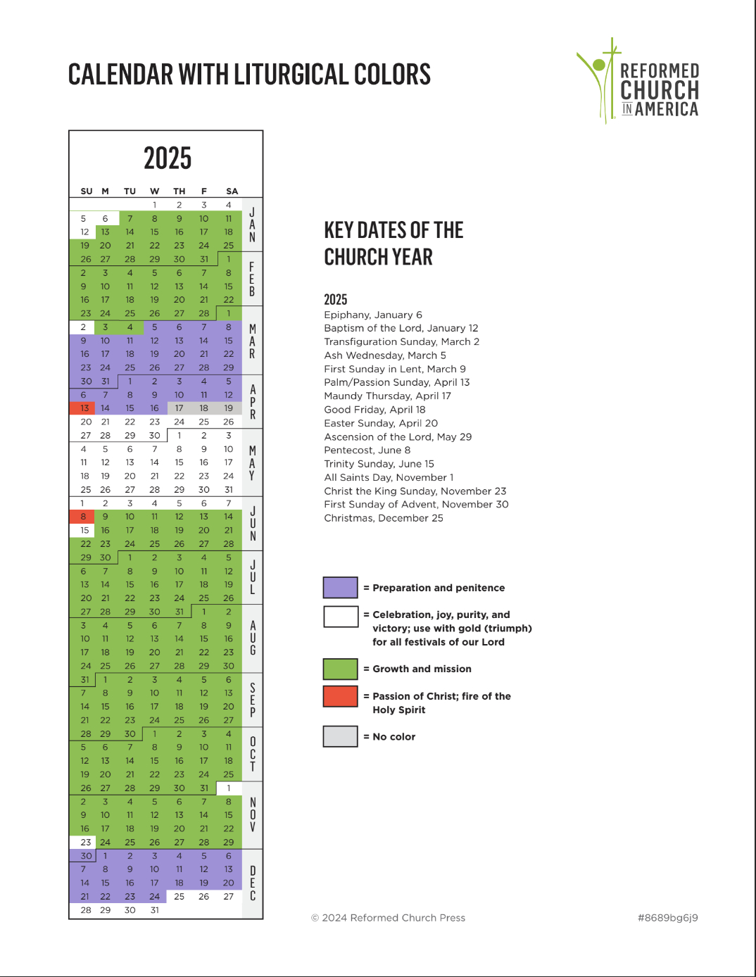 Rca Calendário Litúrgico | Igreja Reformada Na América | Calendário Litúrgico 2025