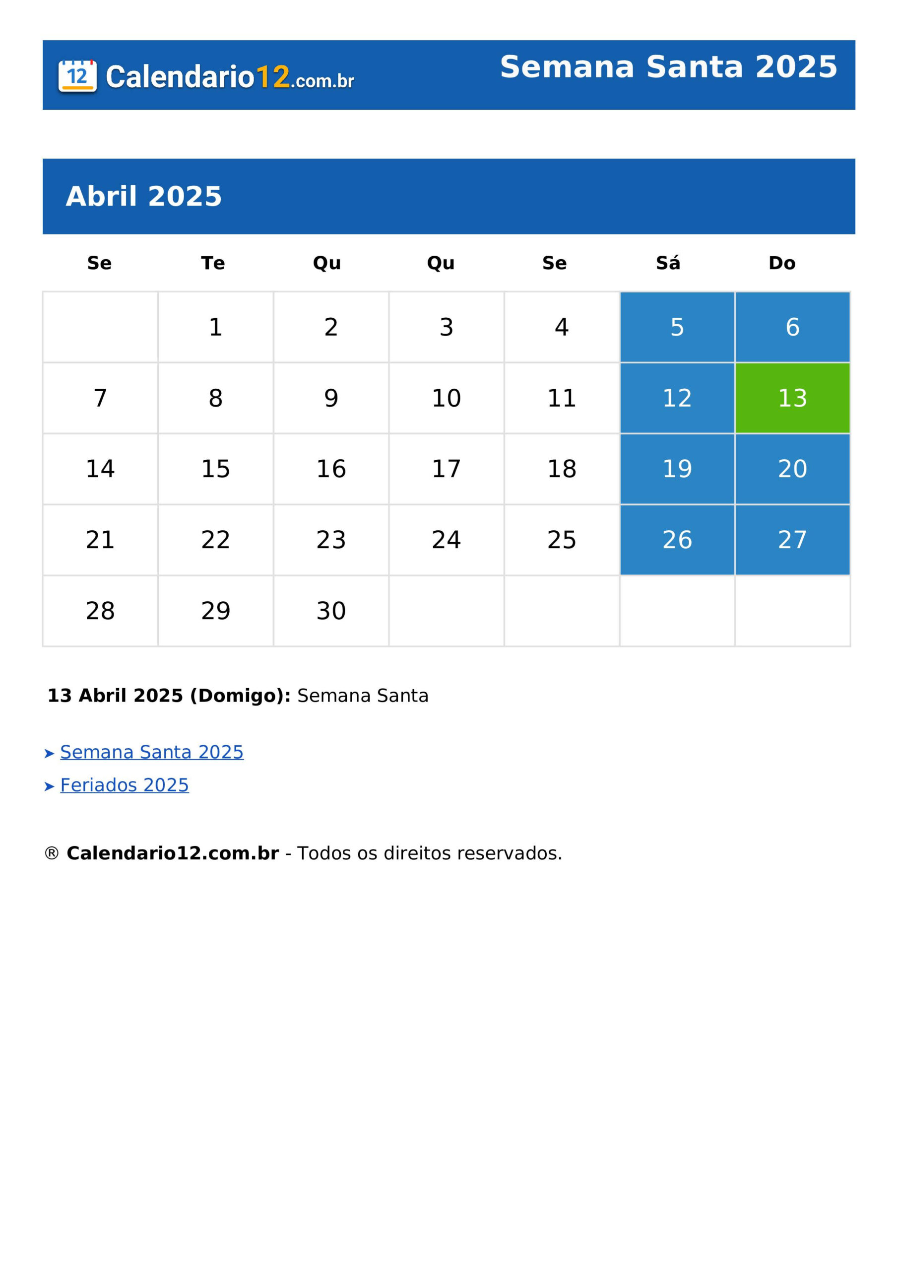 Semana Santa 2025 ⬅️ Calendário — Calendario12.Br | Calendário Semana Santa 2025