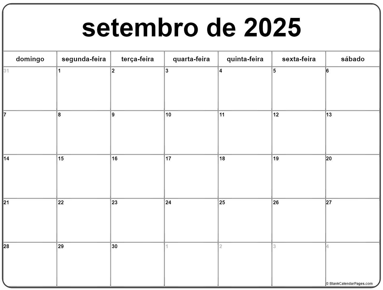 Setembro De 2025 Calendario Grátis Em Português | Calendario Setembro | Calendário Setembro 2025 Para Imprimir