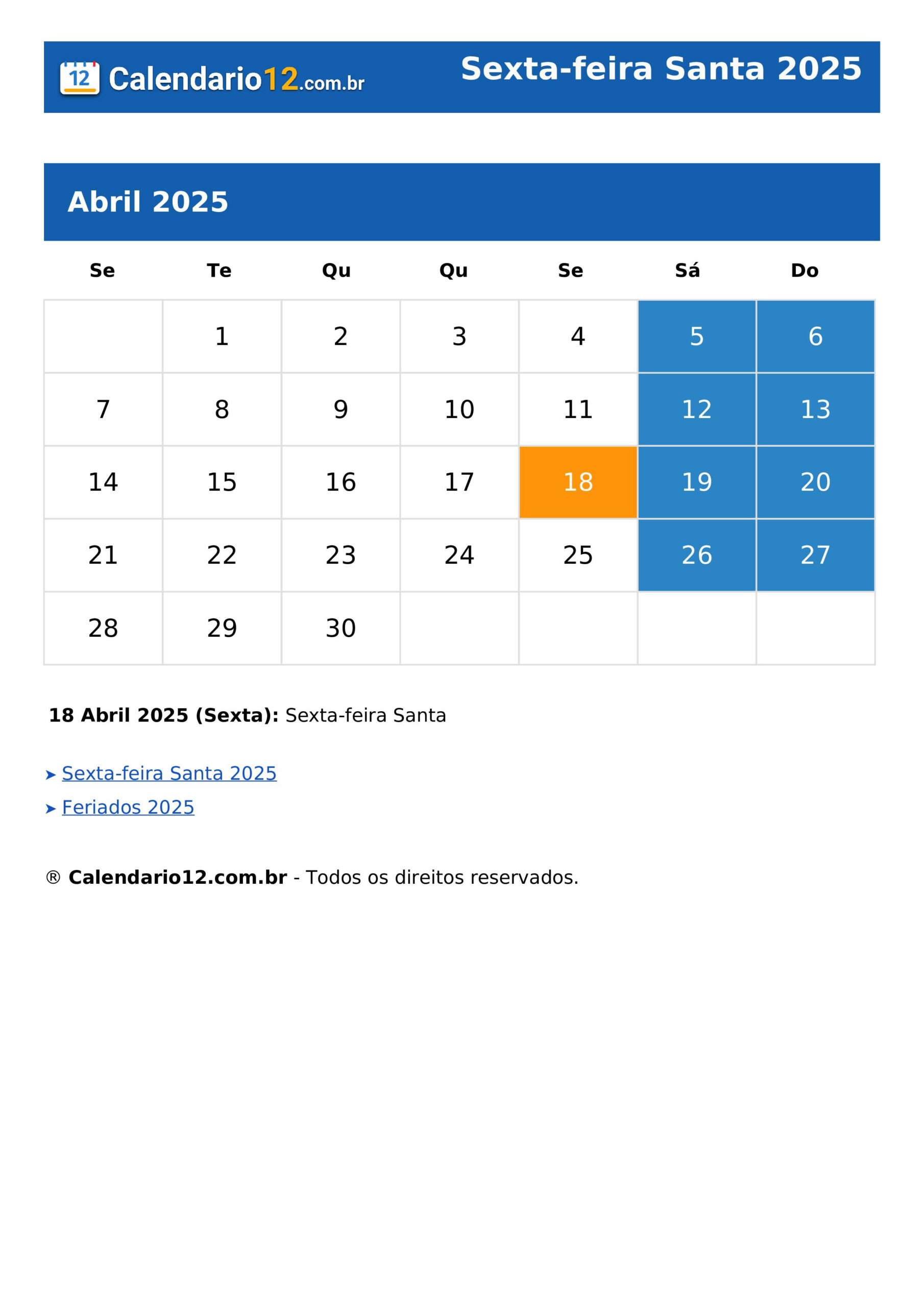 Sexta-Feira Santa 2025 ⬅️ Calendário — Calendario12.Br | Calendário 2025 Semana Santa