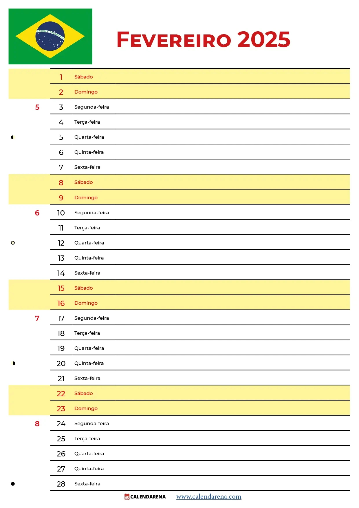 Calendário Fevereiro 2025 Brasil | Calendário de Datas Comemorativas Fevereiro 2025