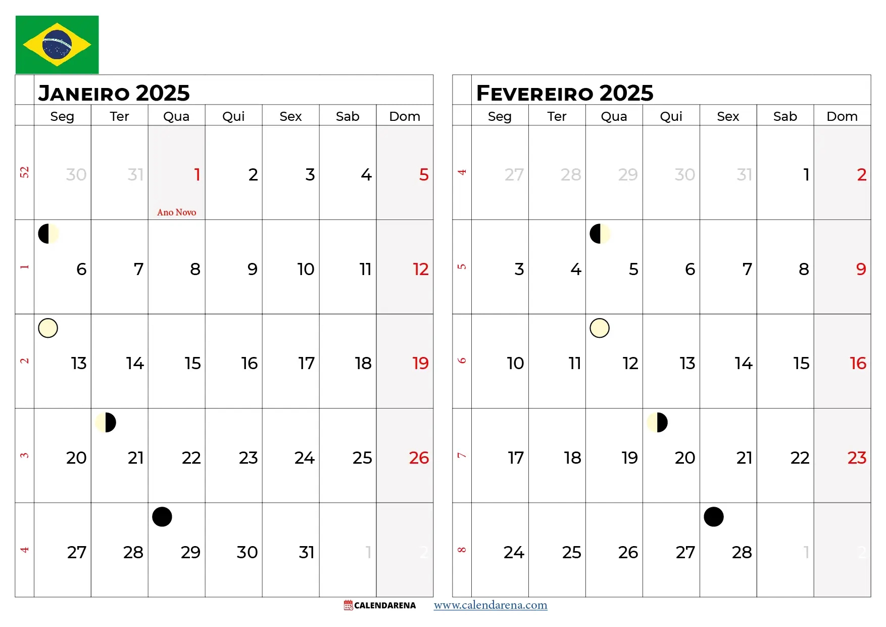 Calendário Fevereiro 2025 Brasil | Calendário de Janeiro de Fevereiro 2025