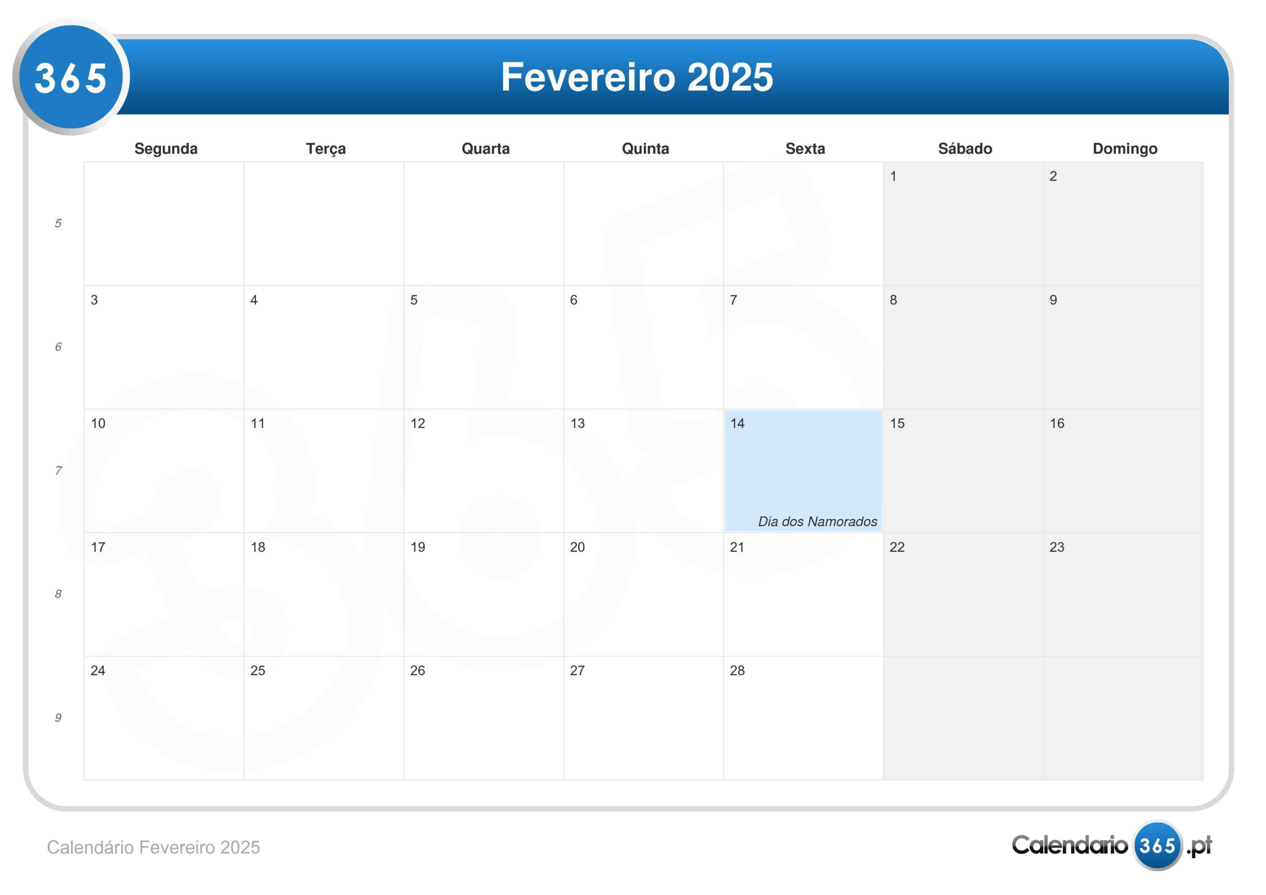 Calendário Fevereiro 2025 | Calendário de Fevereiro do Dia 2025