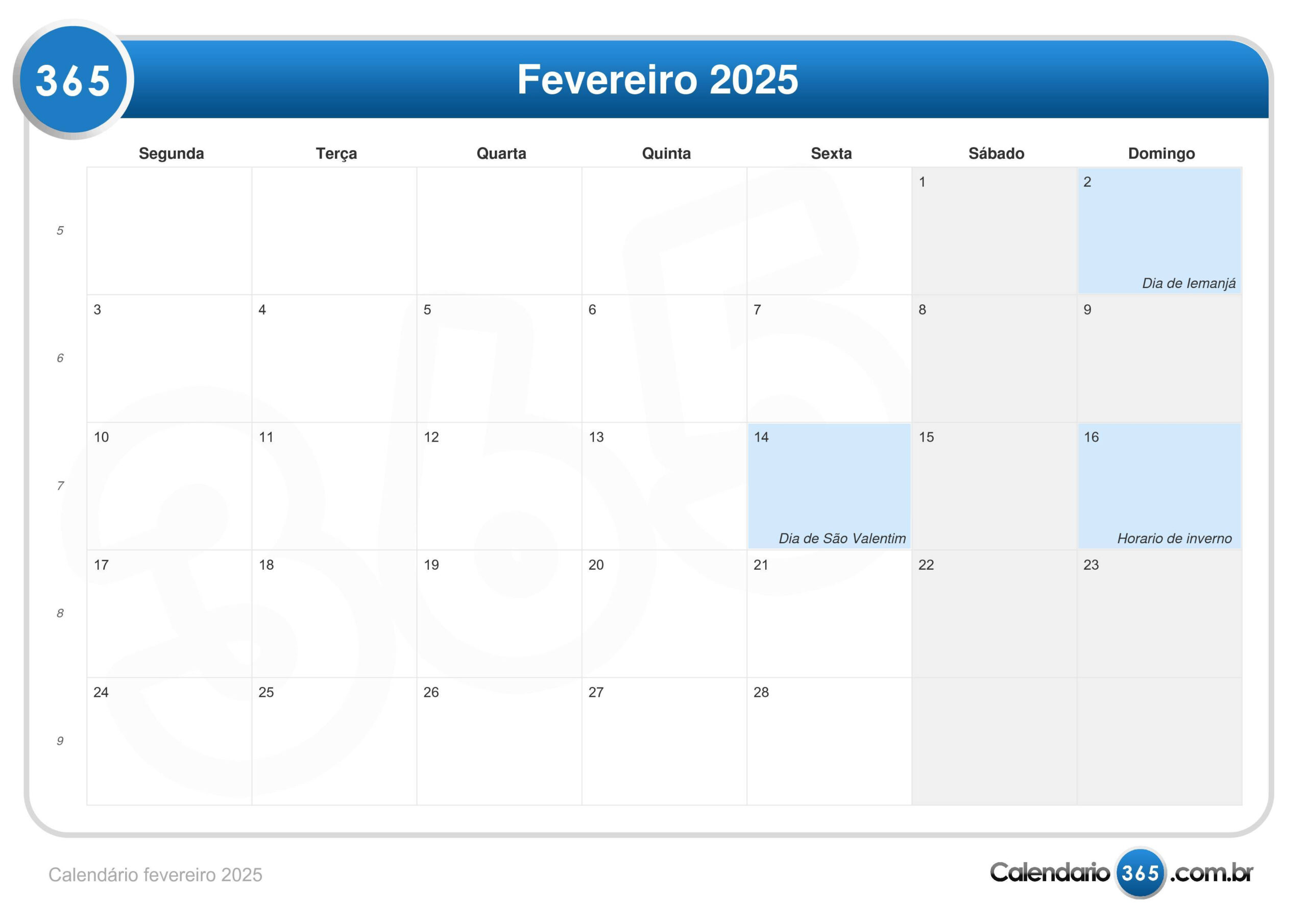 Calendário Fevereiro 2025 | Calendário do mês de Fevereiro do Ano 2025