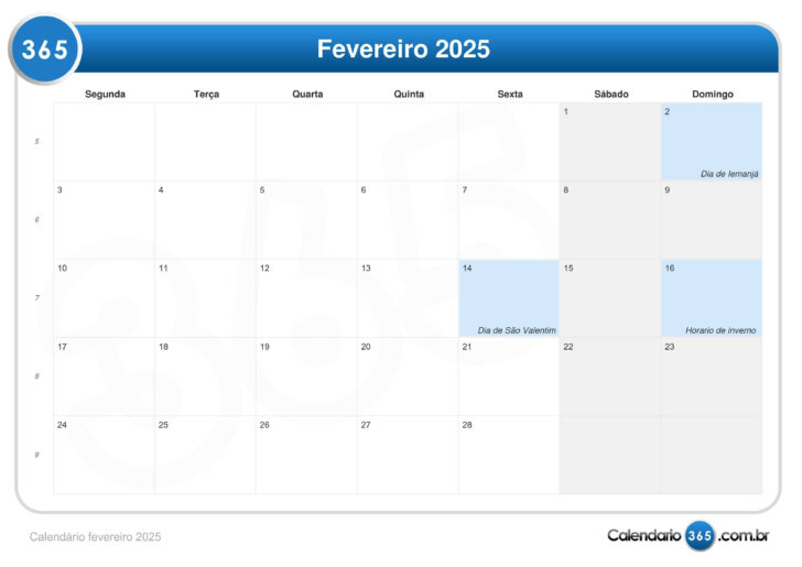 Calendário do mês de Fevereiro do Ano de 2025