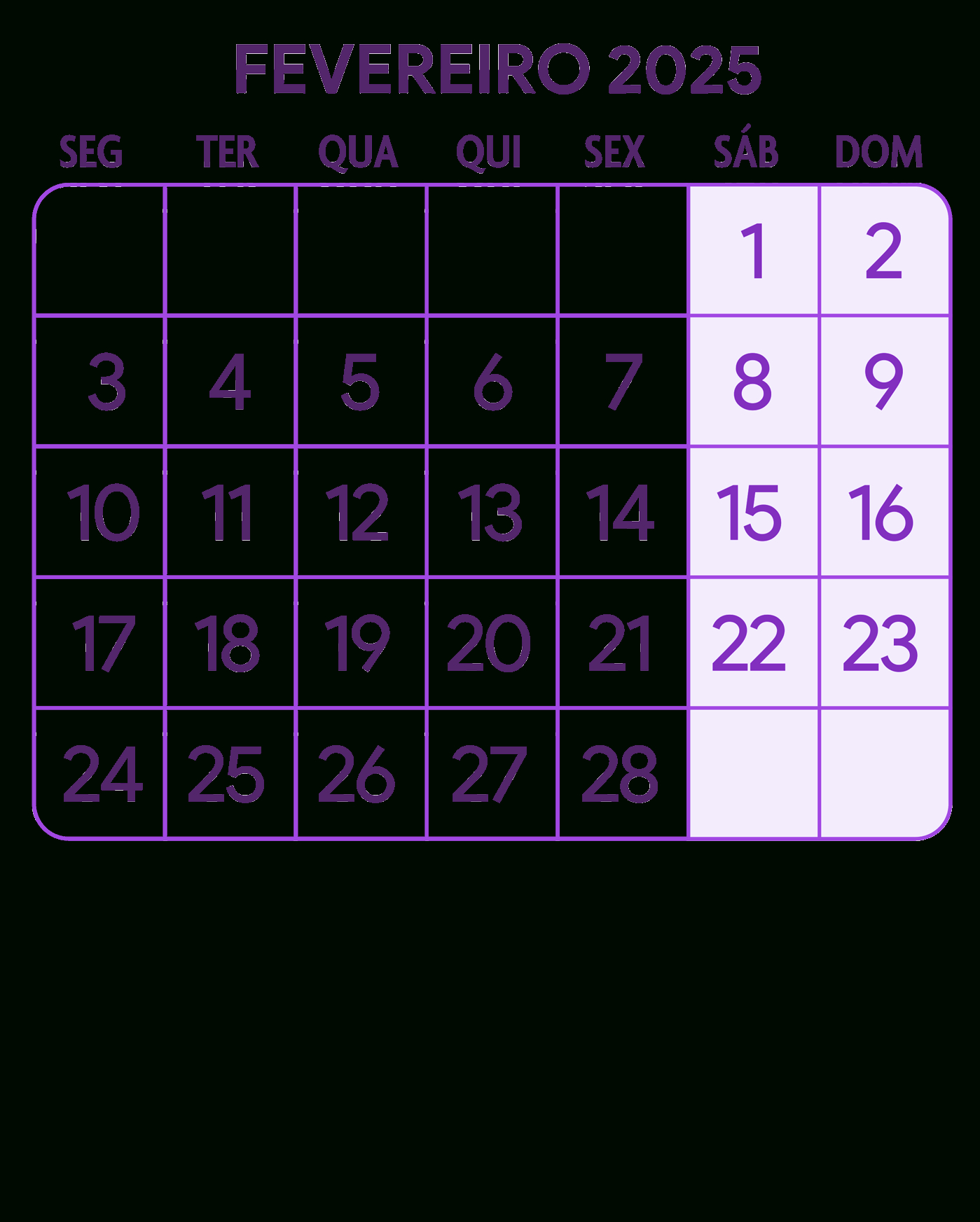 Calendario Fevereiro 2025 Roxo - Fazendo A Nossa Festa | 8 de Fevereiro de 2025 Calendário