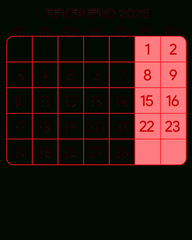 Calendário Mes de Fevereiro 2025 Para Imprimir