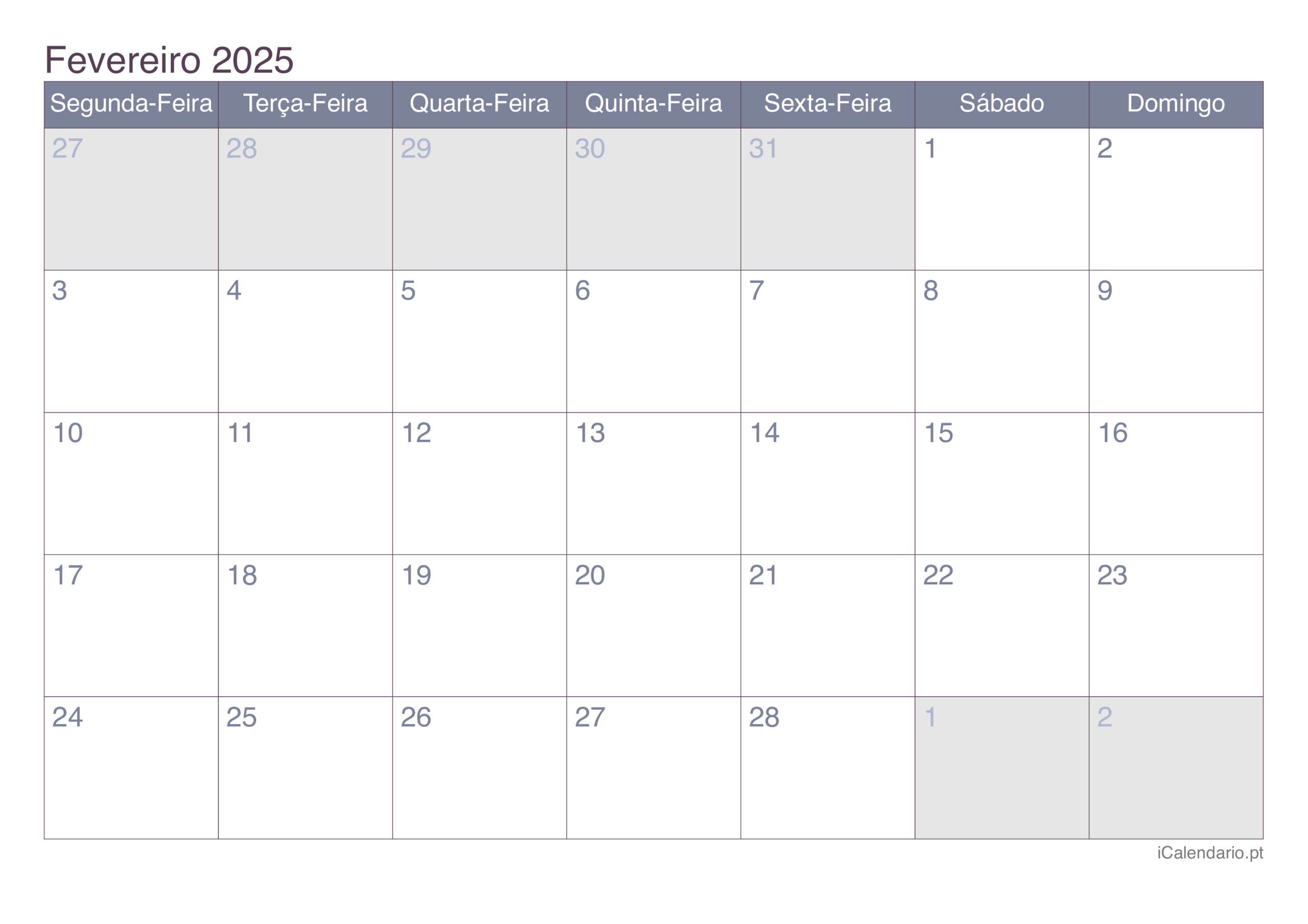 Calendário Fevereiro De 2025 Para Imprimir | Calendário 17 de Fevereiro de 2025