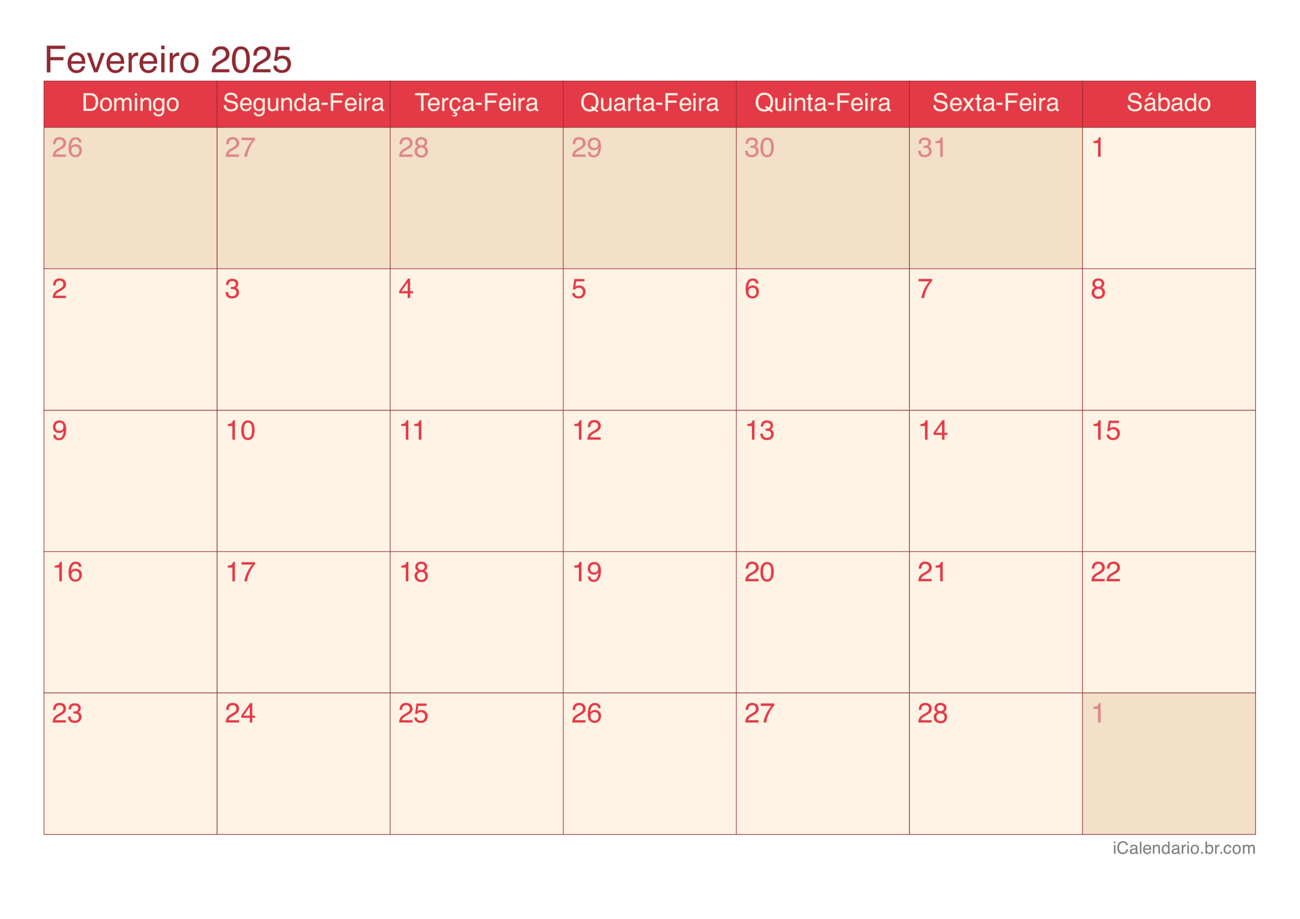 Calendário Fevereiro De 2025 Para Imprimir | Calendário De Mês De Fevereiro 2025