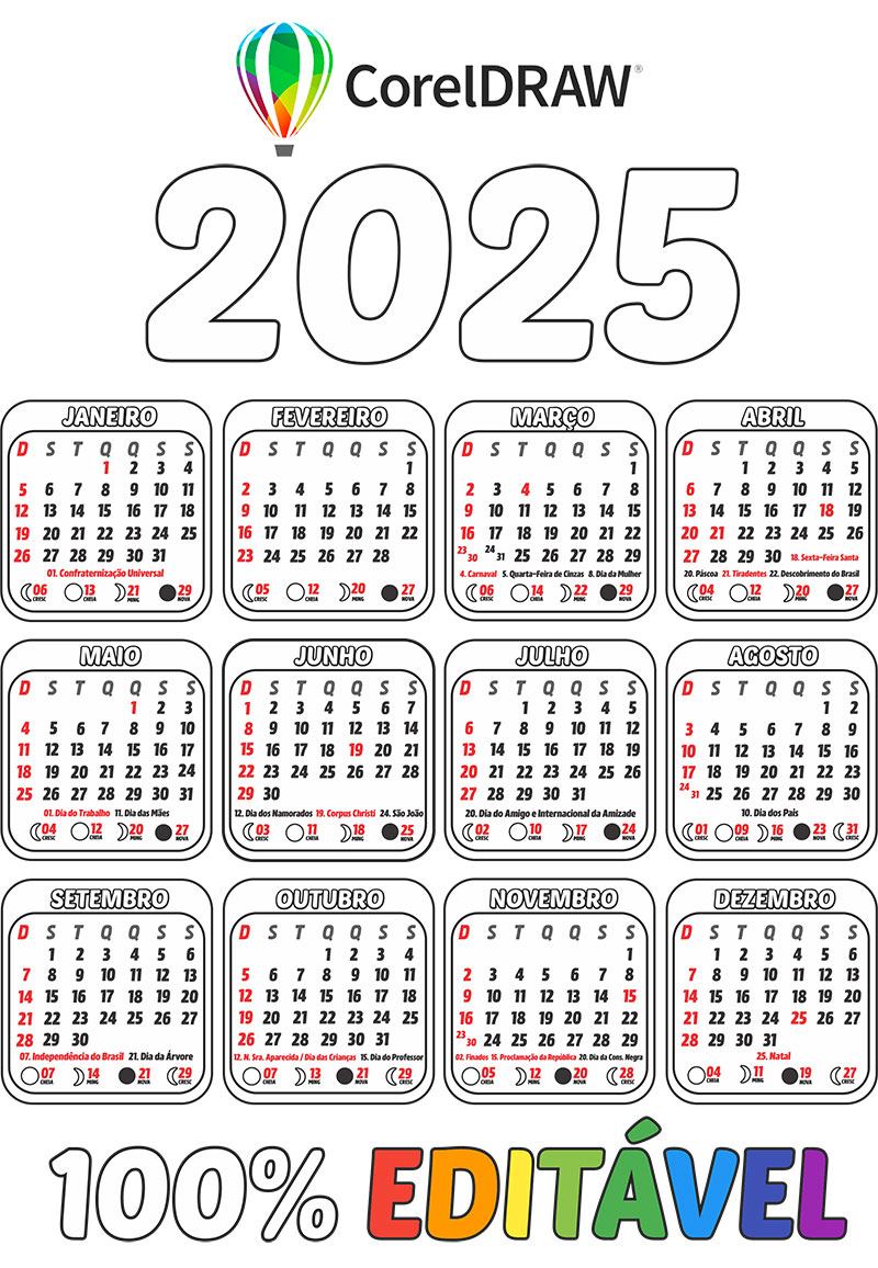 Grade Calendário 2025 Cdr Para Imprimir E Colorir 100% Editável | Calendário 2025 Editável