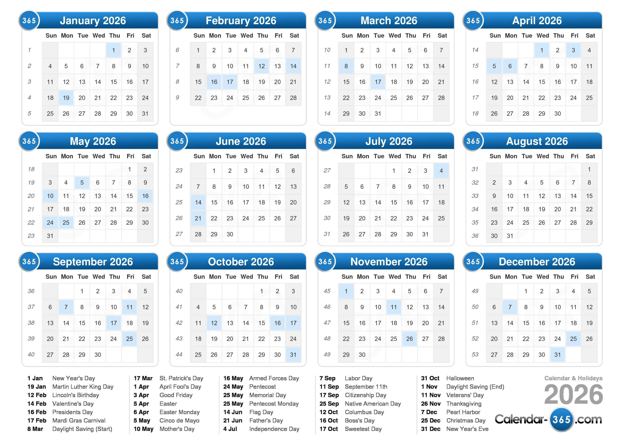2026 Calendar | Calendario 365 2026