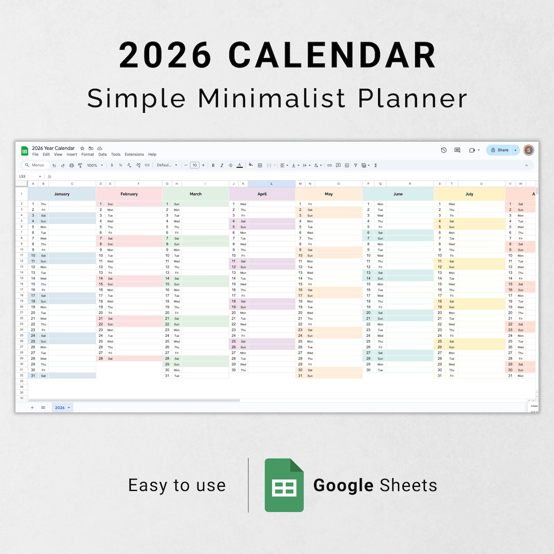2026 Calendar Google Sheets Template Editable Monthly Digital Planner  Minimalist Yearly Spreadsheet 2026 Online Calendar Template Simple - Etsy  Sweden | Google Calendario De 2026