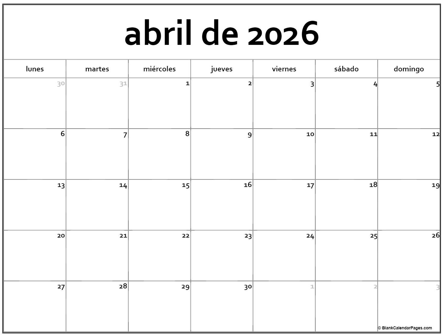 Abril De 2026 Calendario Gratis | Calendario Abril | Calendario de abril 2026