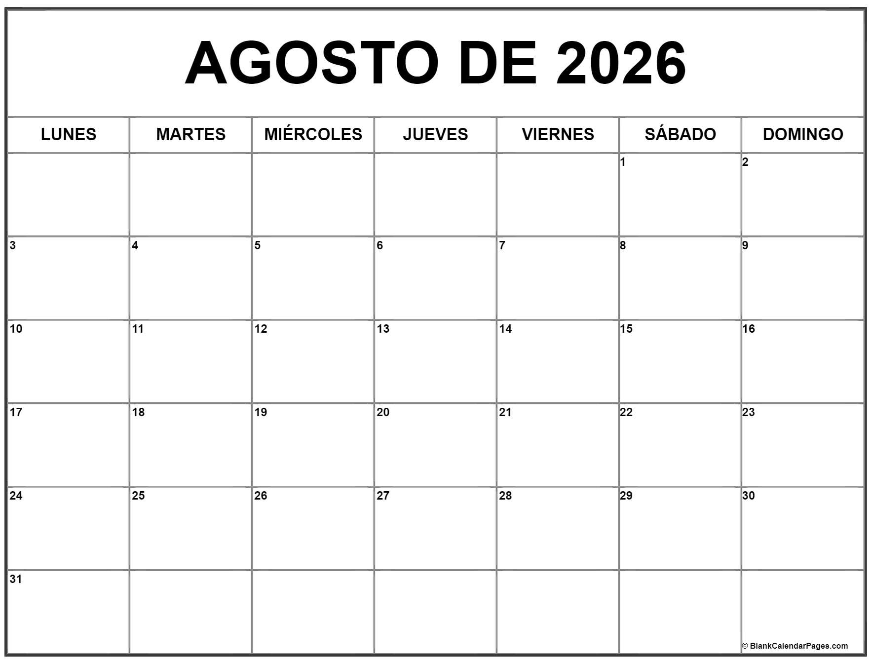Agosto De 2026 Calendario Gratis | Calendario Agosto | Calendario de agosto 2026