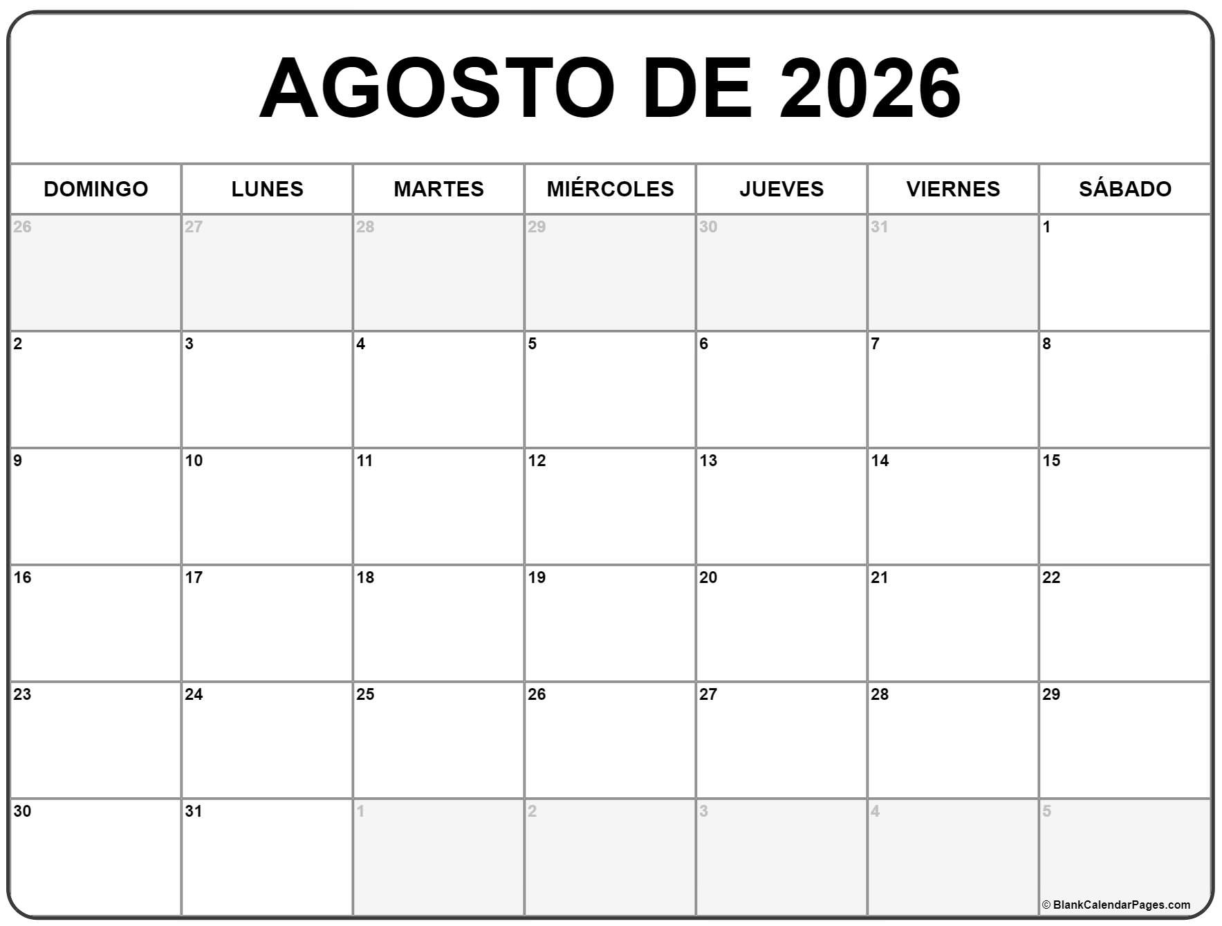 Agosto De 2026 Calendario Gratis | Calendario Agosto | Calendario Mes De Agosto 2026
