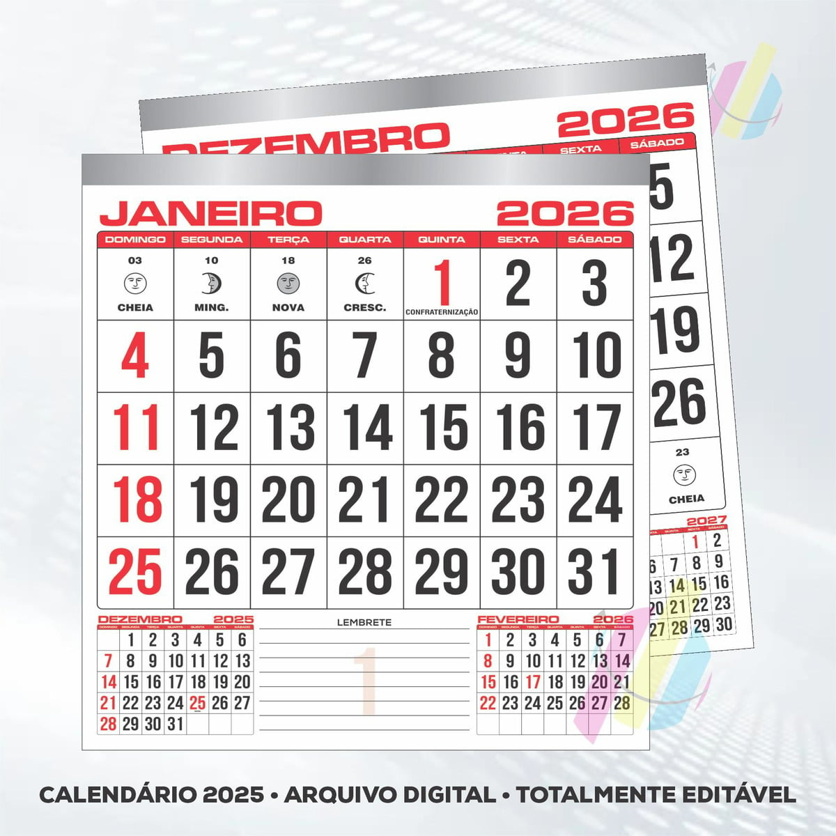 Arquivo Digital Bloco Calendário 2026 Para Impressão | Elo7 | Calendario 2026 com feriados Goiania