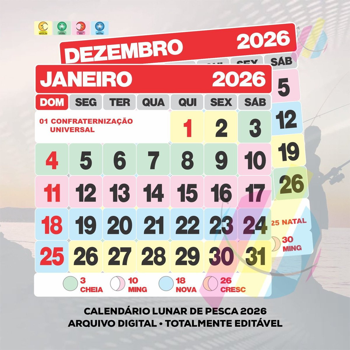 Arquivo Digital Calendário Lunar De Pesca 2026 Em Pdf | Elo7 | Calendario lunar pesca 2026
