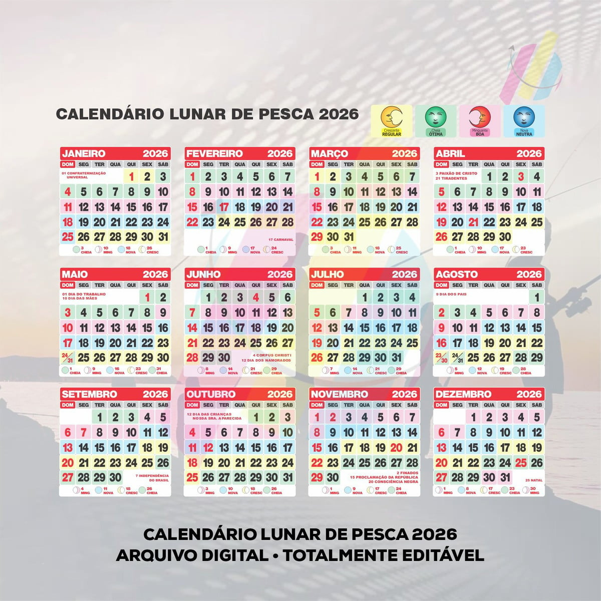 Arquivo Digital Calendário Lunar De Pesca 2026 Em Pdf | Elo7 | Calendario Lunar Pesca 2026
