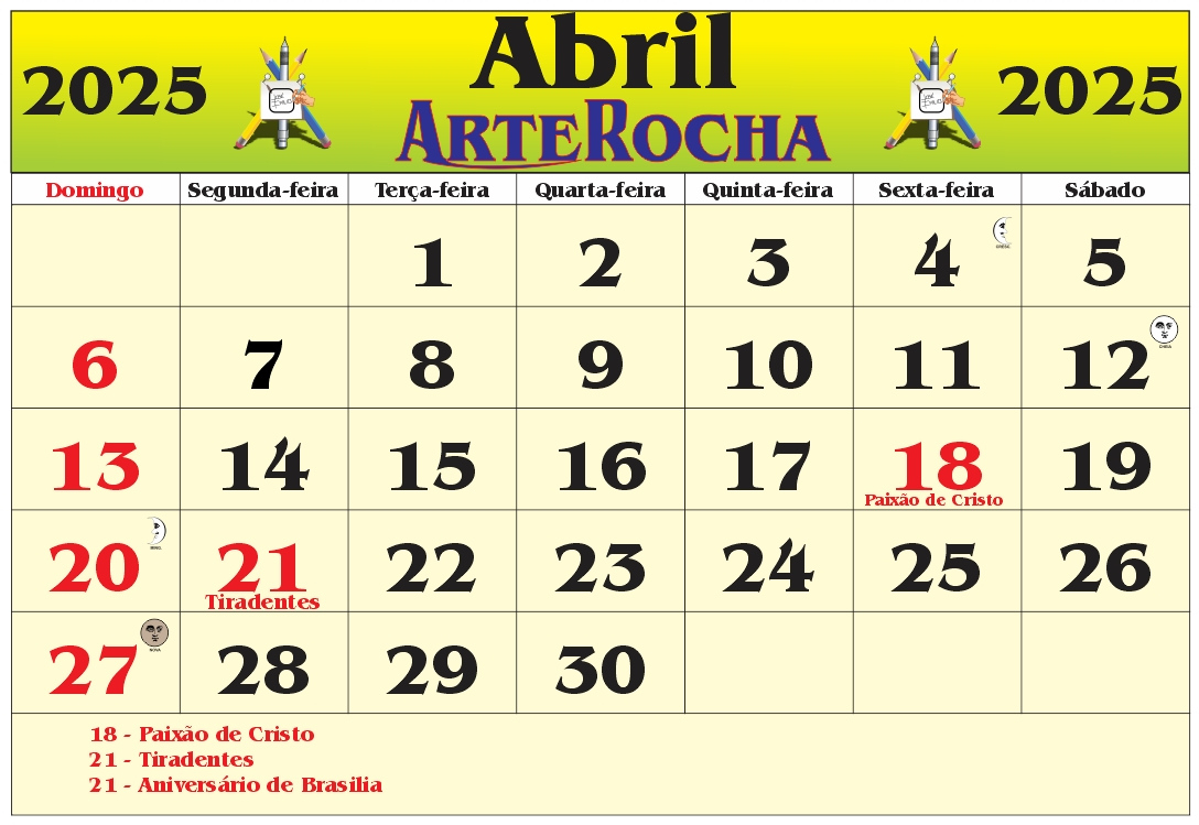 Arterocha: Calendário Do Mês De Abril 2025 | Calendário Mês de Abril 2025