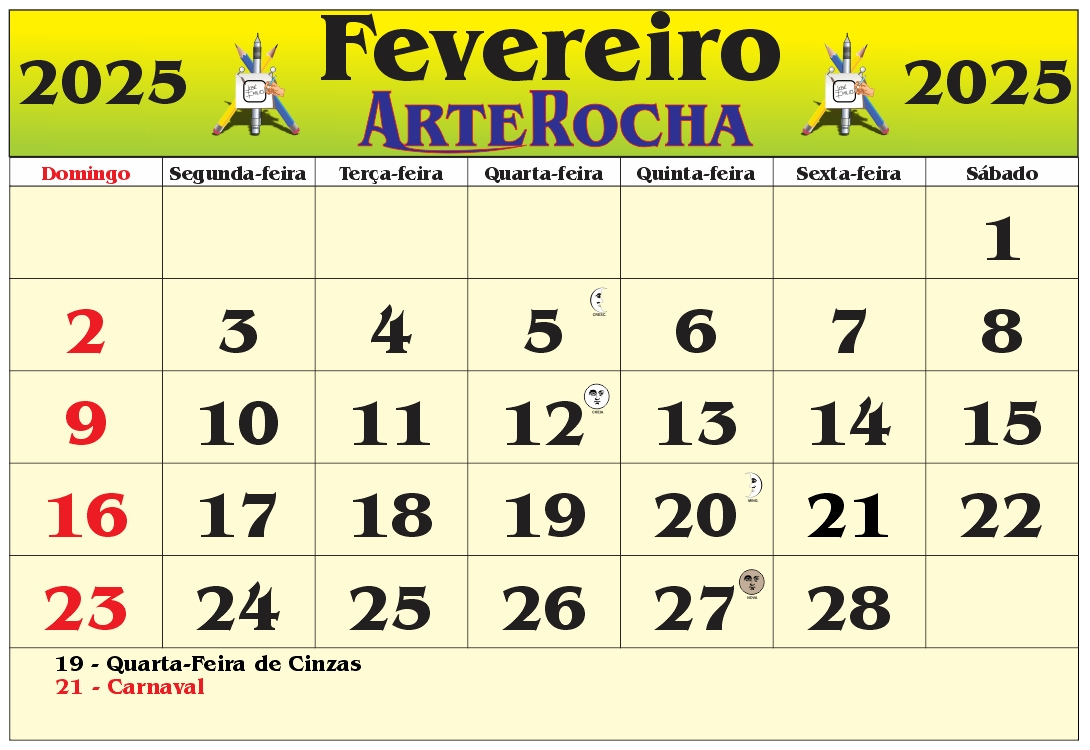 Arterocha: Calendário Do Mês De Fevereiro 2025 | Ver O Calendário De Fevereiro De 2025