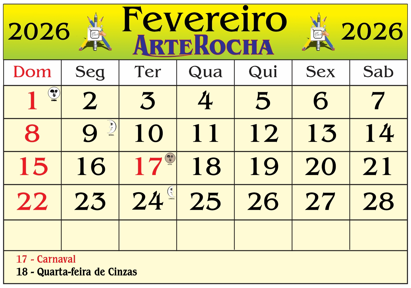 Arterocha: Calendário Do Mes De Fevereiro 2026 | Calendario do mes de fevereiro 2026