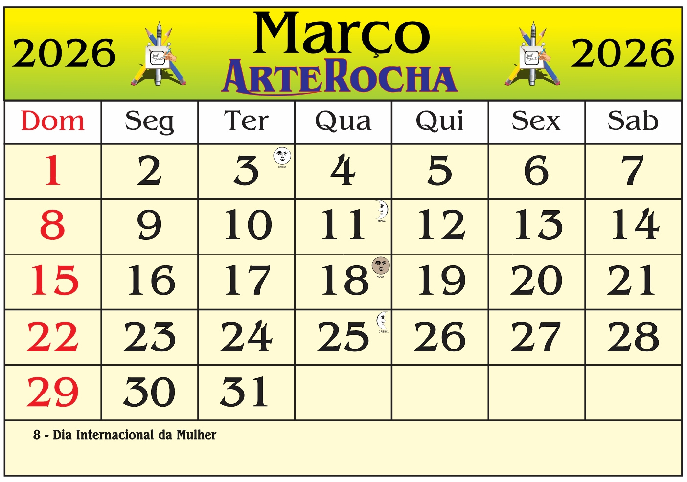 Arterocha: Calendário Do Mes De Março 2026 | Calendario do mes de marco 2026