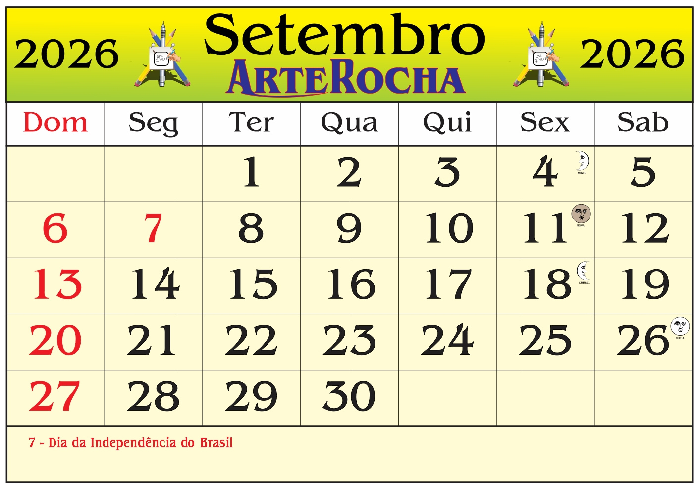 Arterocha: Calendário Do Mes De Setembro 2026 | Calendario do mes de setembro de 2026