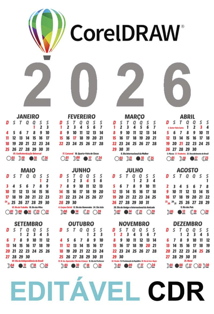 Calendario 2026 com fases da lua