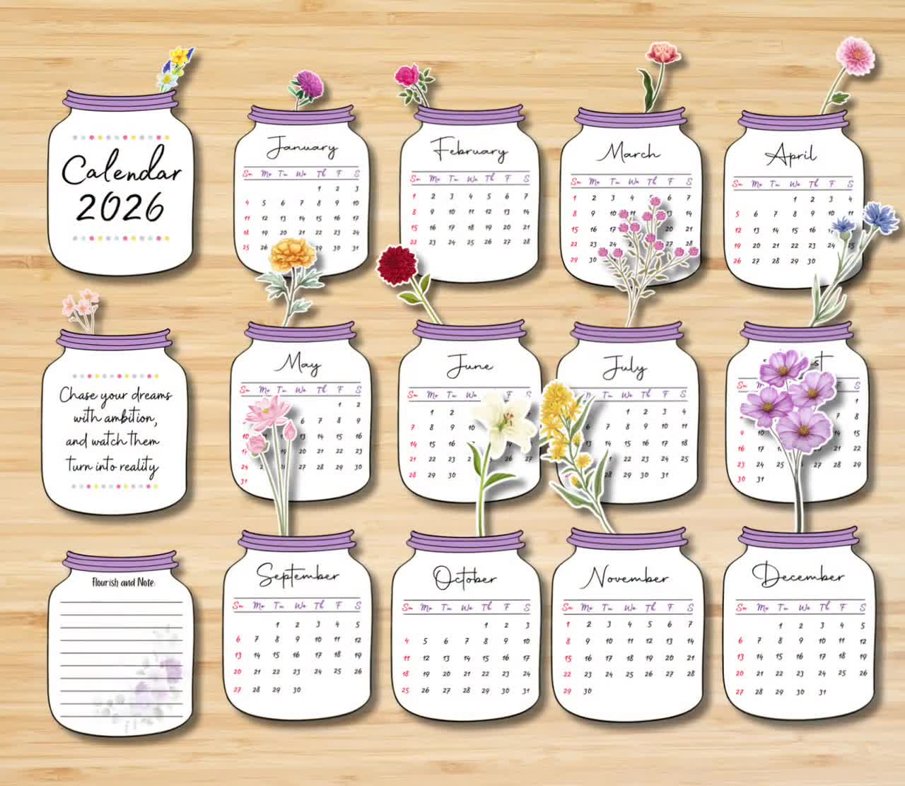 Blumenkalender 2026, Blumenkalender, Tischkalender, Kalender 2026,  Kalendervorlage, Printable Kalender 2026, Minikalender | Mini Calendario 2026 Para Imprimir