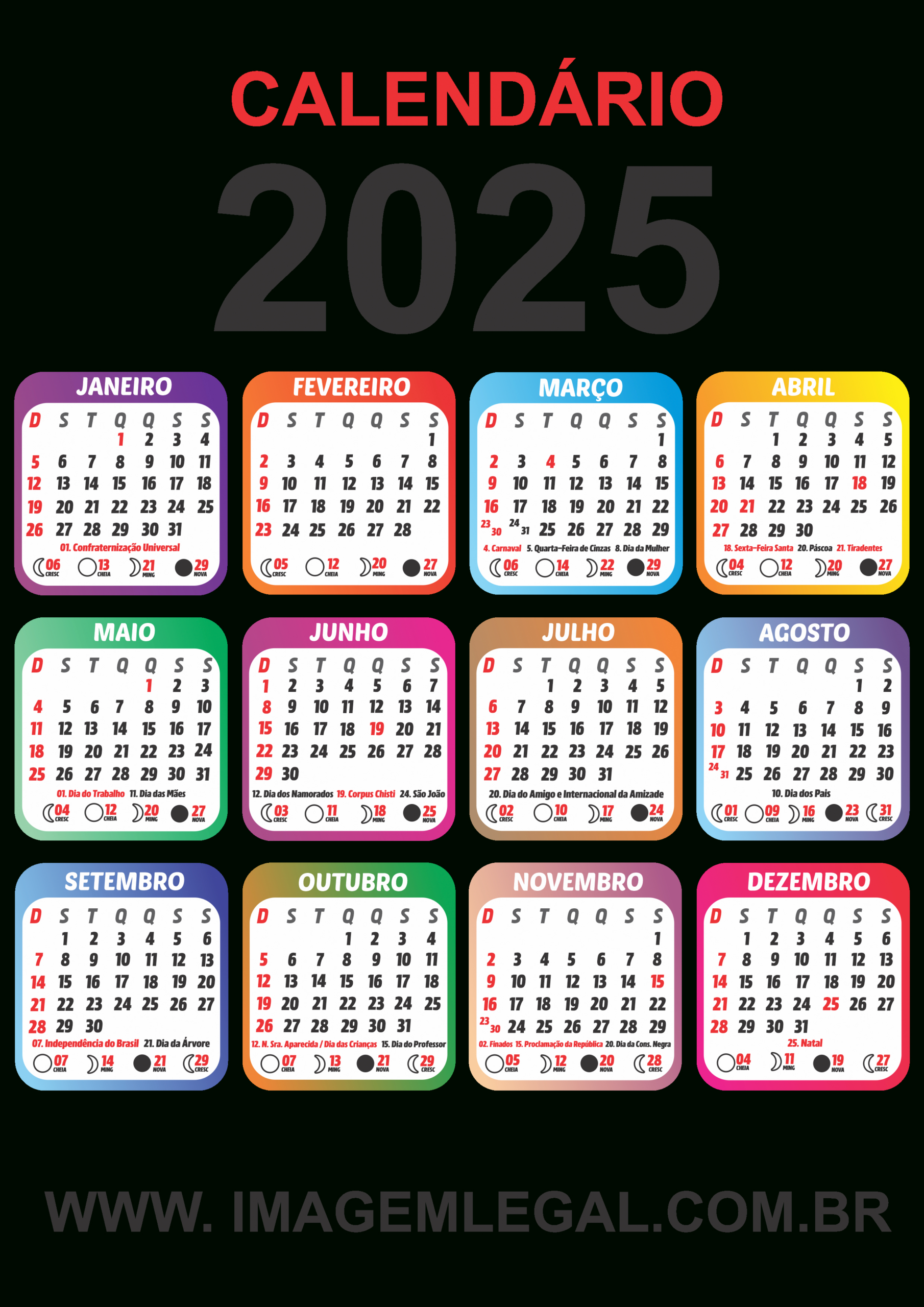 Calendário 2025 Colorido Para Imprimir - Imagem Legal | Calendário 2025 Download