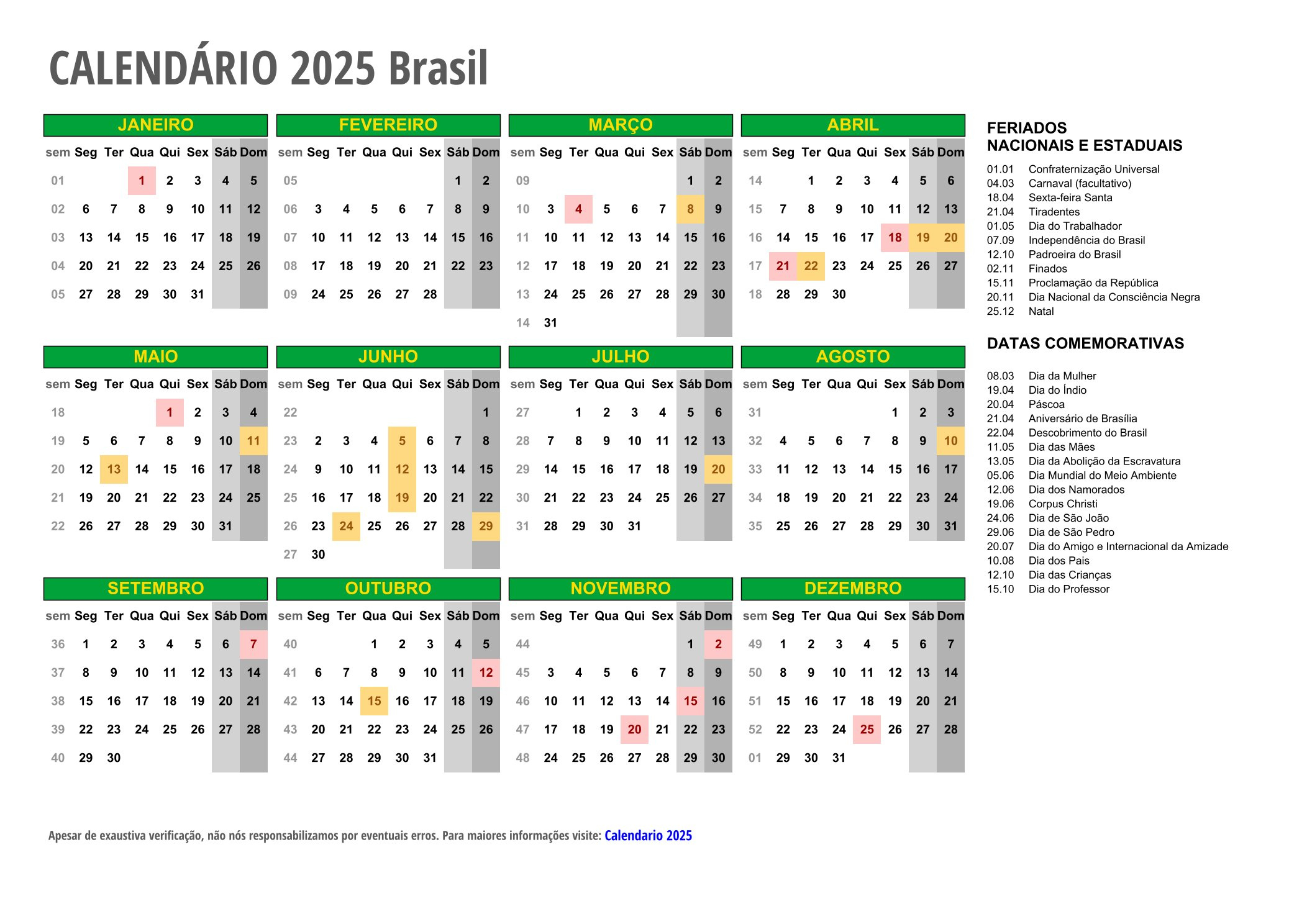 Calendário 2025 Com Feriados - Todos Os Estados | Calendário 2025 Feriados Nacionais