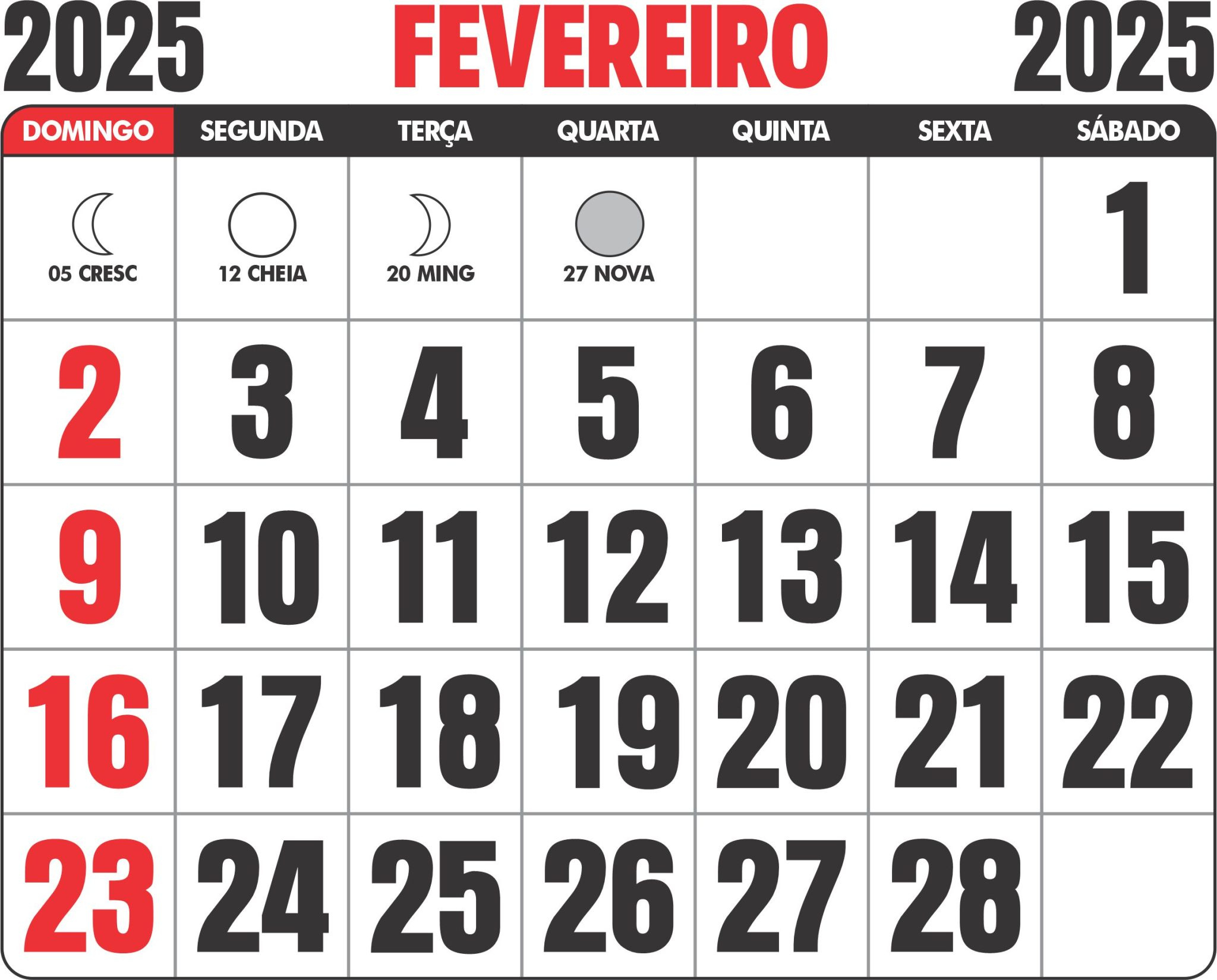 Calendário 2025 Fevereiro Para Imprimir - Imagem Legal | Calendário de 2025 mês de Fevereiro