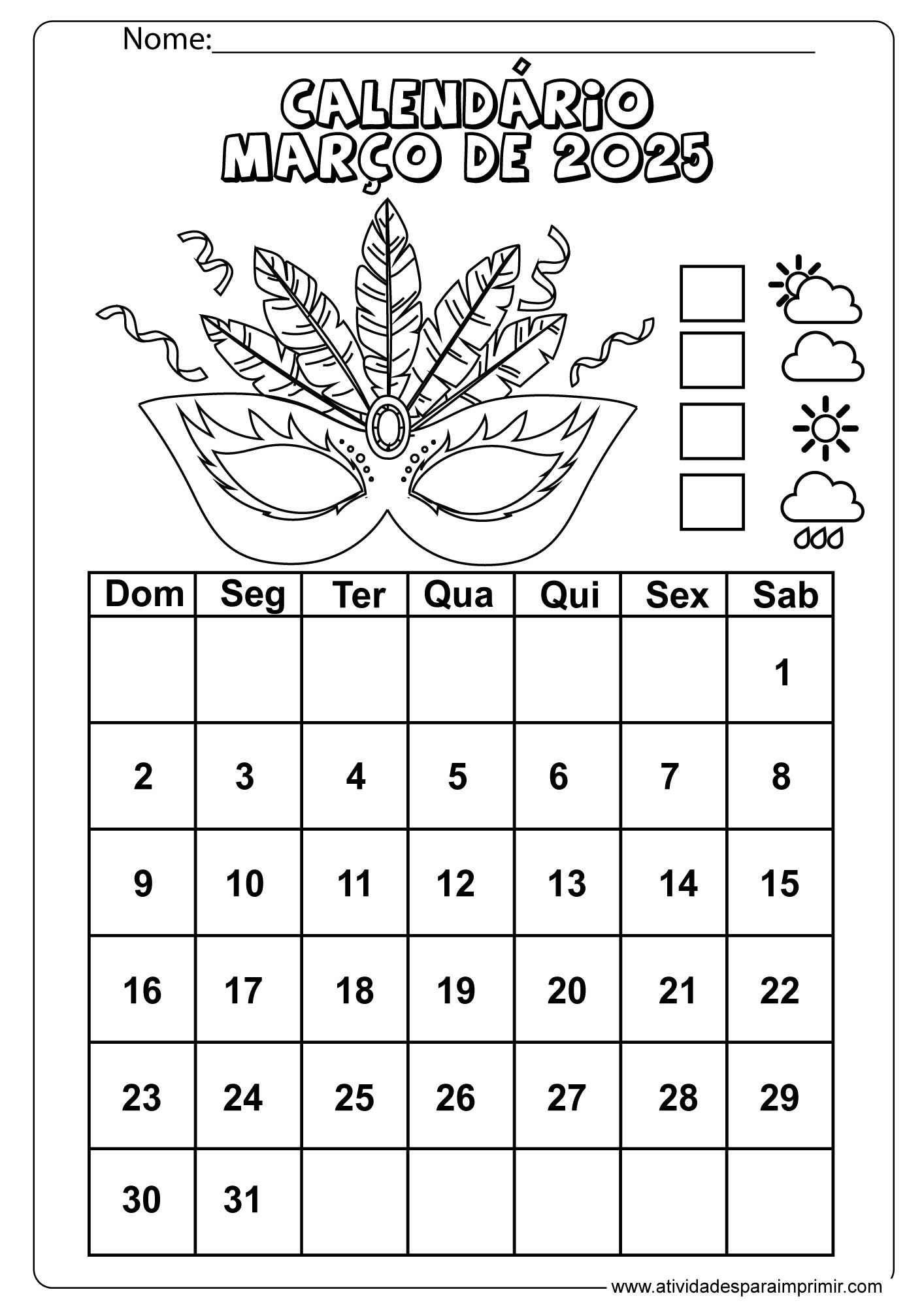 Calendário 2025 Para Imprimir E Colorir | Calendário de Fevereiro de 2025 Para Colorir