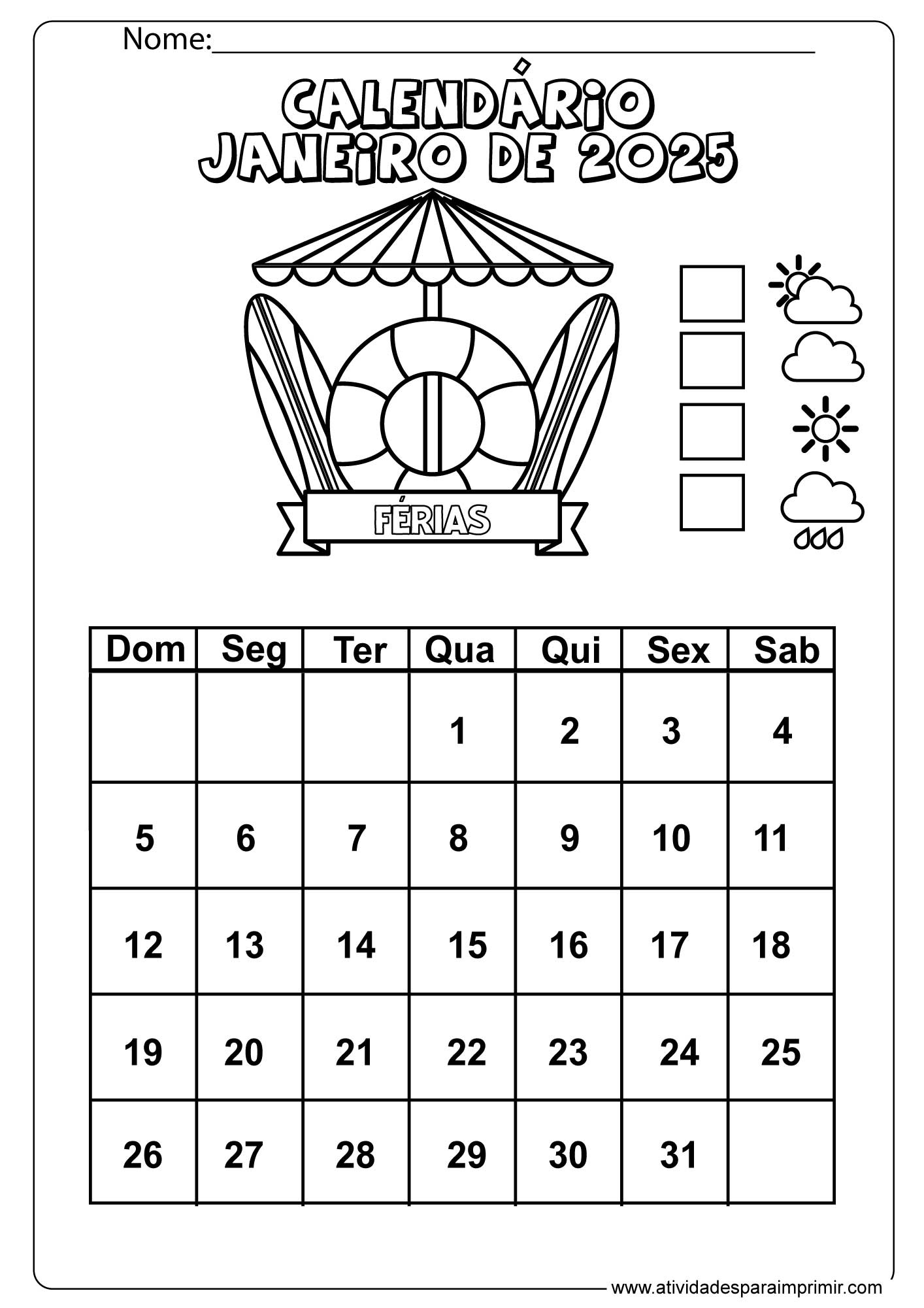 Calendário 2025 Para Imprimir E Colorir | Calendário de Fevereiro de 2025 Para Colorir