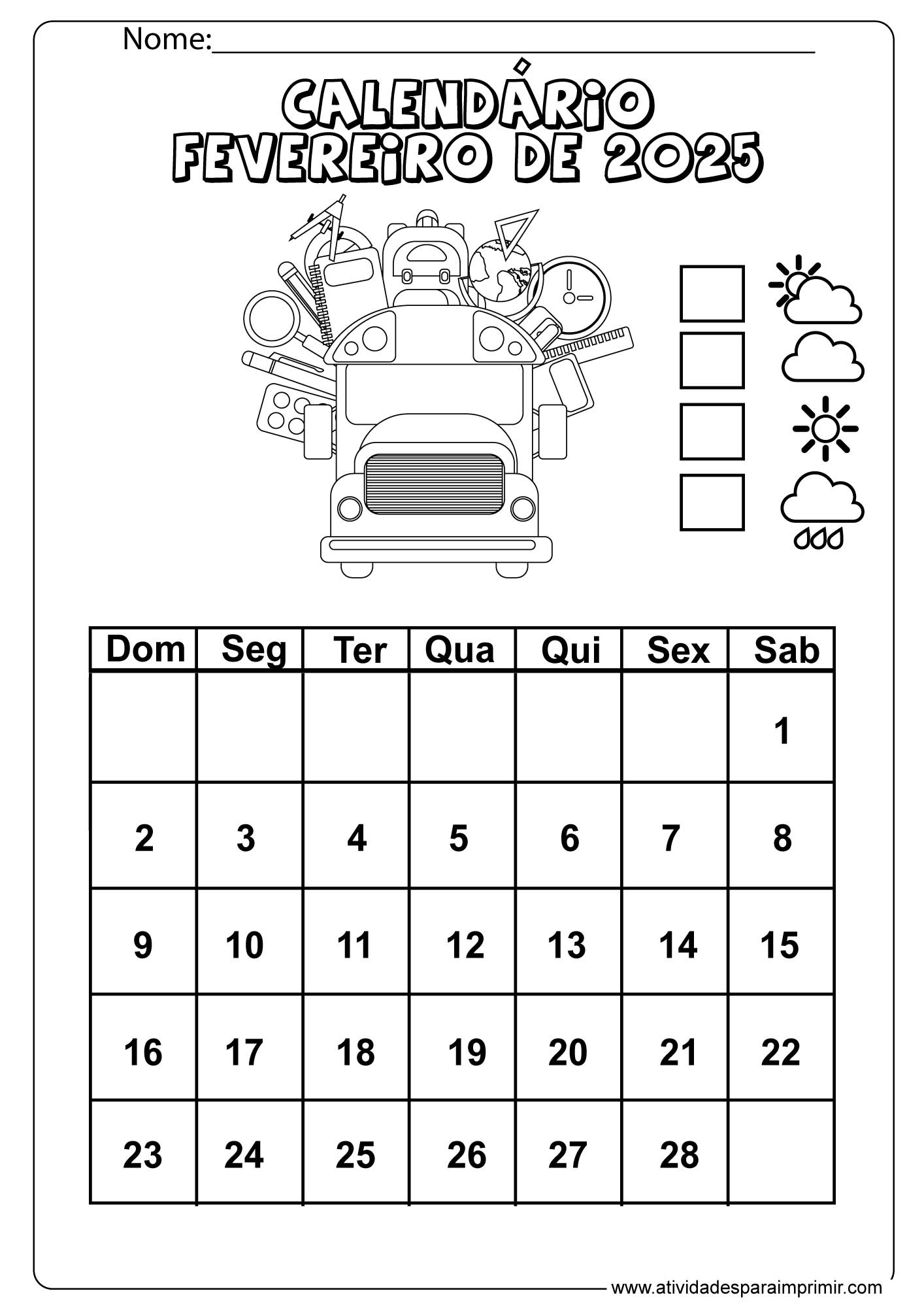 Calendário 2025 Para Imprimir E Colorir | Calendário de Fevereiro de 2025 Para Colorir