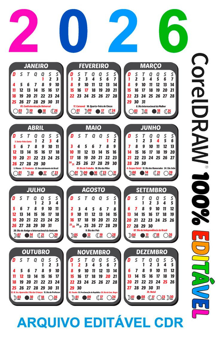 Calendário 2026 Bolso Editável Com Feriados E Fases Da Lua | Fases Da Lua Calendario 2026