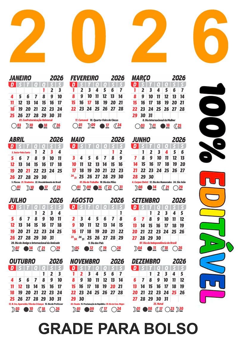 Calendário 2026 Brasileiro Com Feriados Nacionais De Bolso | Calendario E Feriados 2026