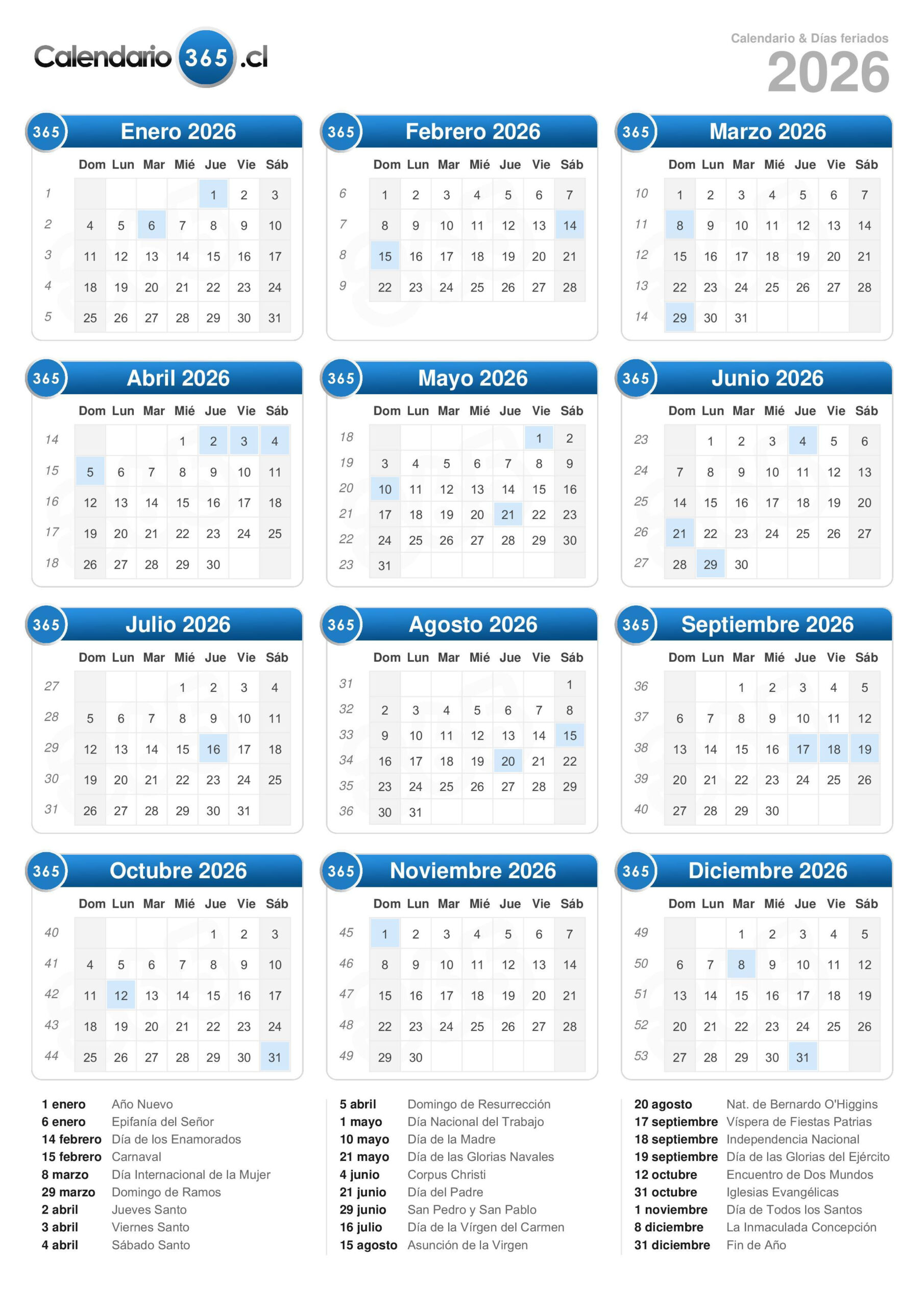 Calendario 2026 | Calendario 2026 com feriados para imprimir gratis