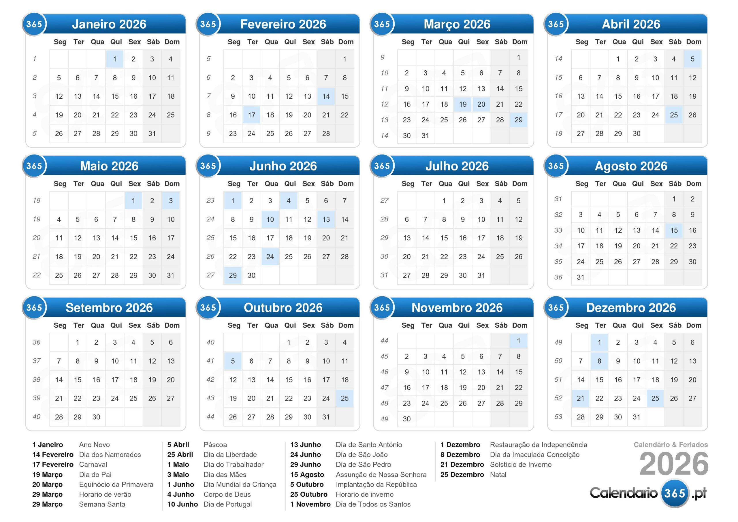 Calendário 2026 | Calendario 2026 com feriados