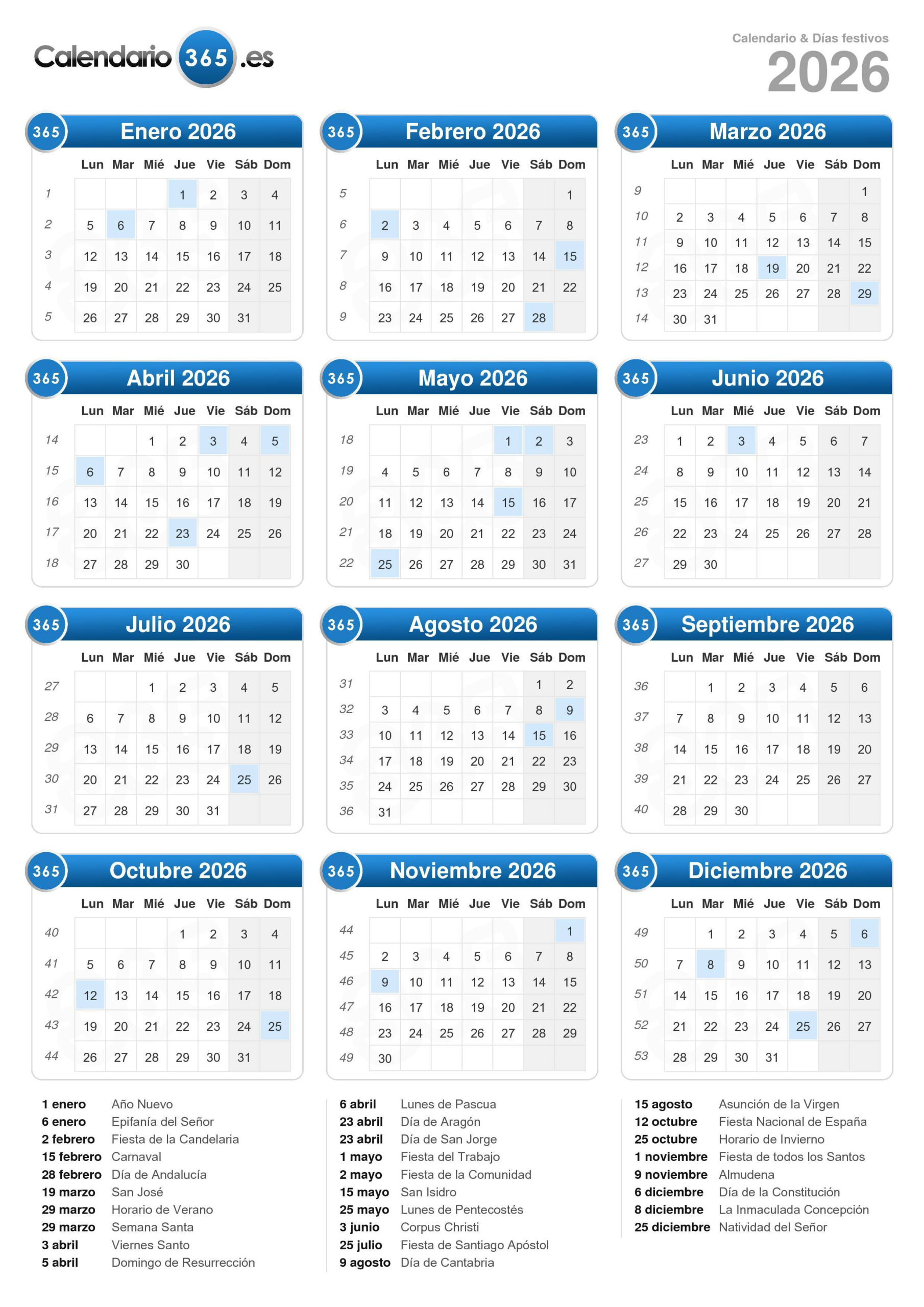 Calendario 2026 | Calendario 365 2026