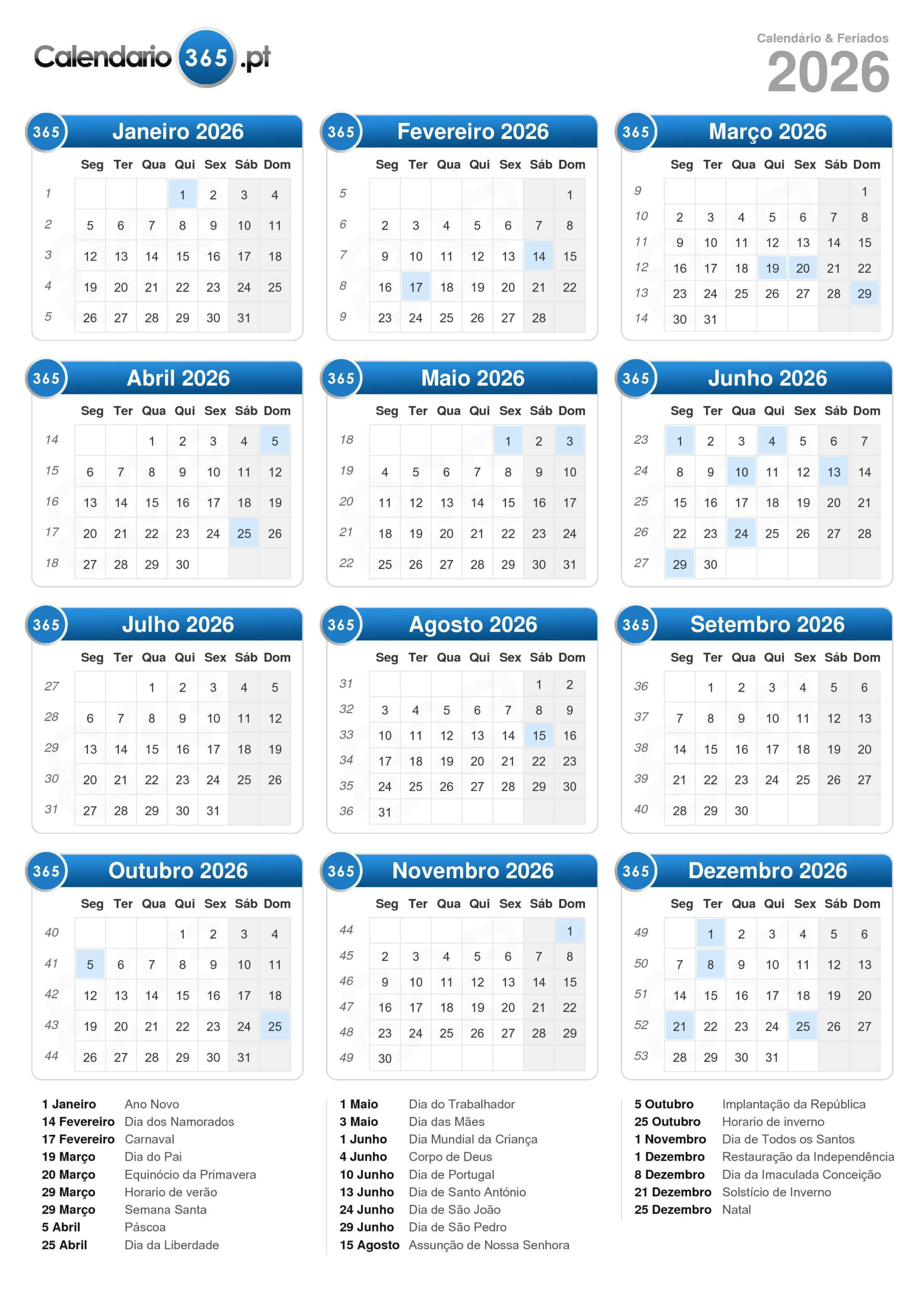 Calendário 2026 | Calendario com feriados 2026 Portugal