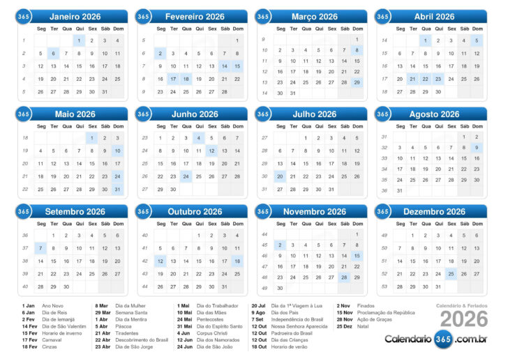 Calendario de 2026 com feriados Calendario de 2026 com feriados