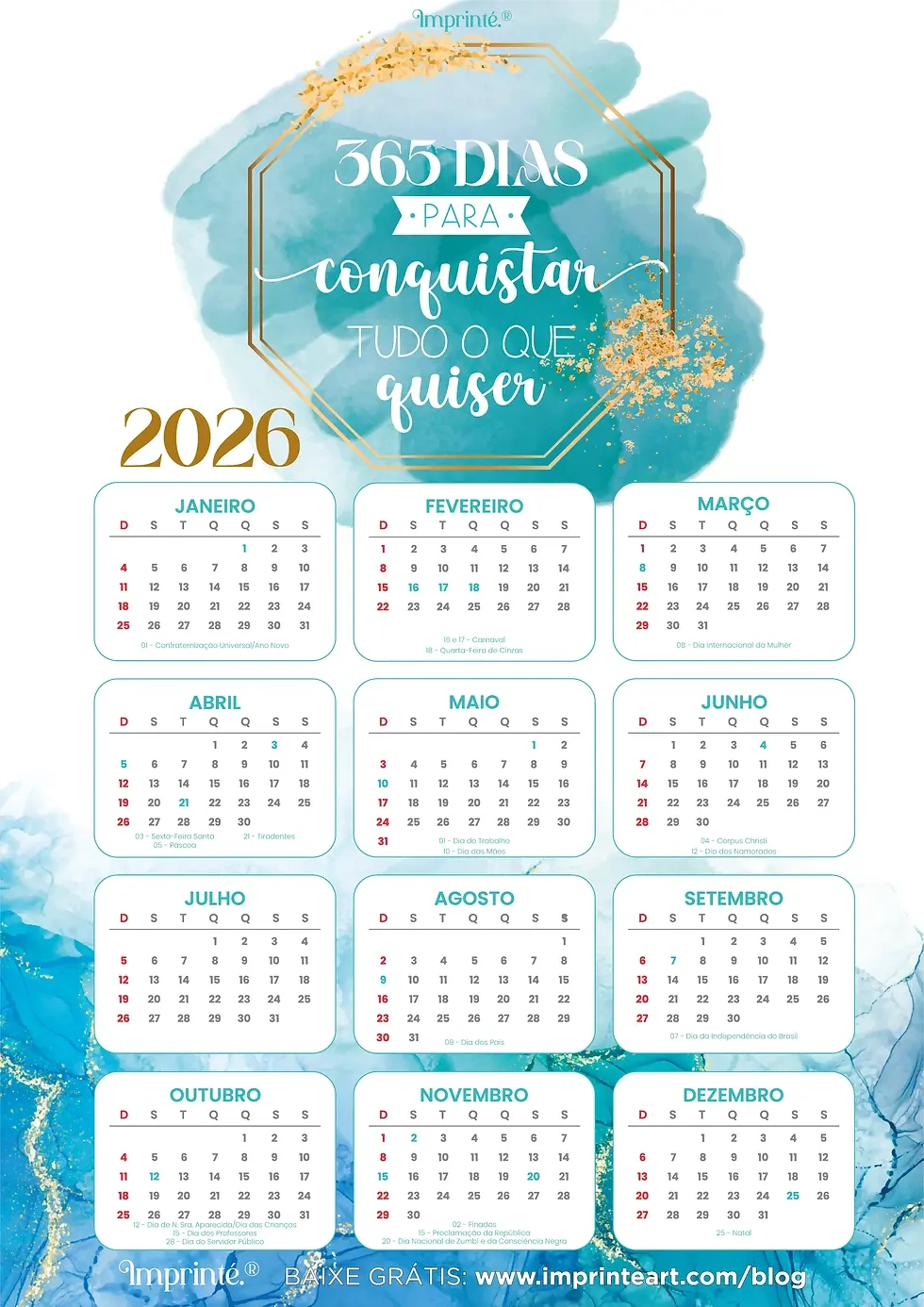 Calendário 2026 Com Feriados Para Imprimir Grátis: Turquesa, Rosa | Calendario 2026 com feriados para imprimir gratis