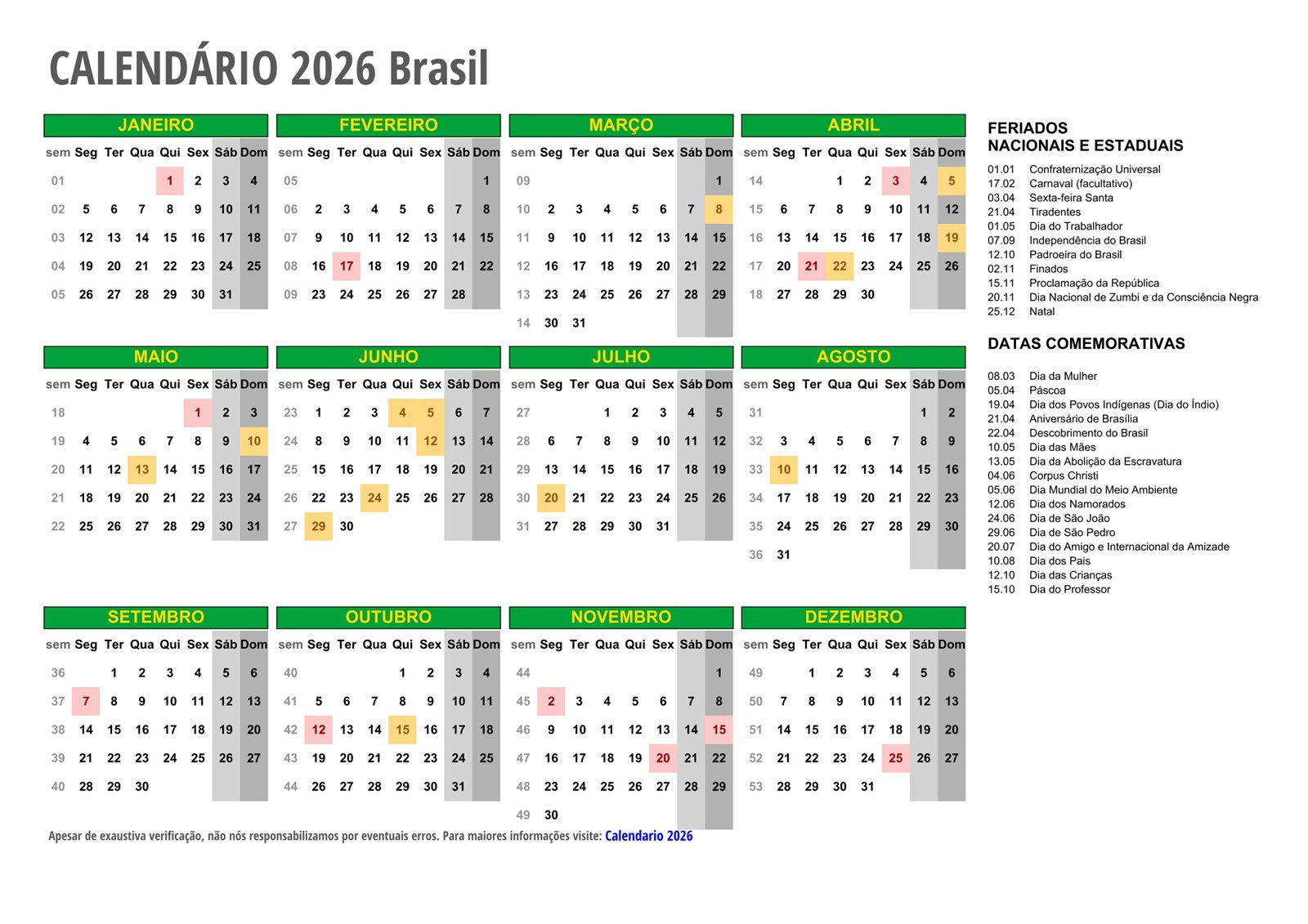 Calendário 2026 Com Feriados - Todos Os Estados | Calendario de 2026 com feriados nacionais