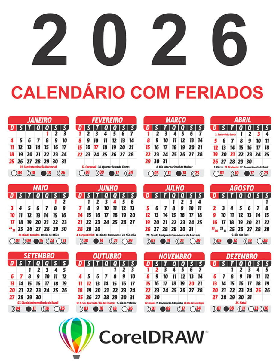 Calendário 2026 Com Feriados Vermelho E Preto Vetor 04 | Elo7 | Calendario 2026 com feriados São Paulo