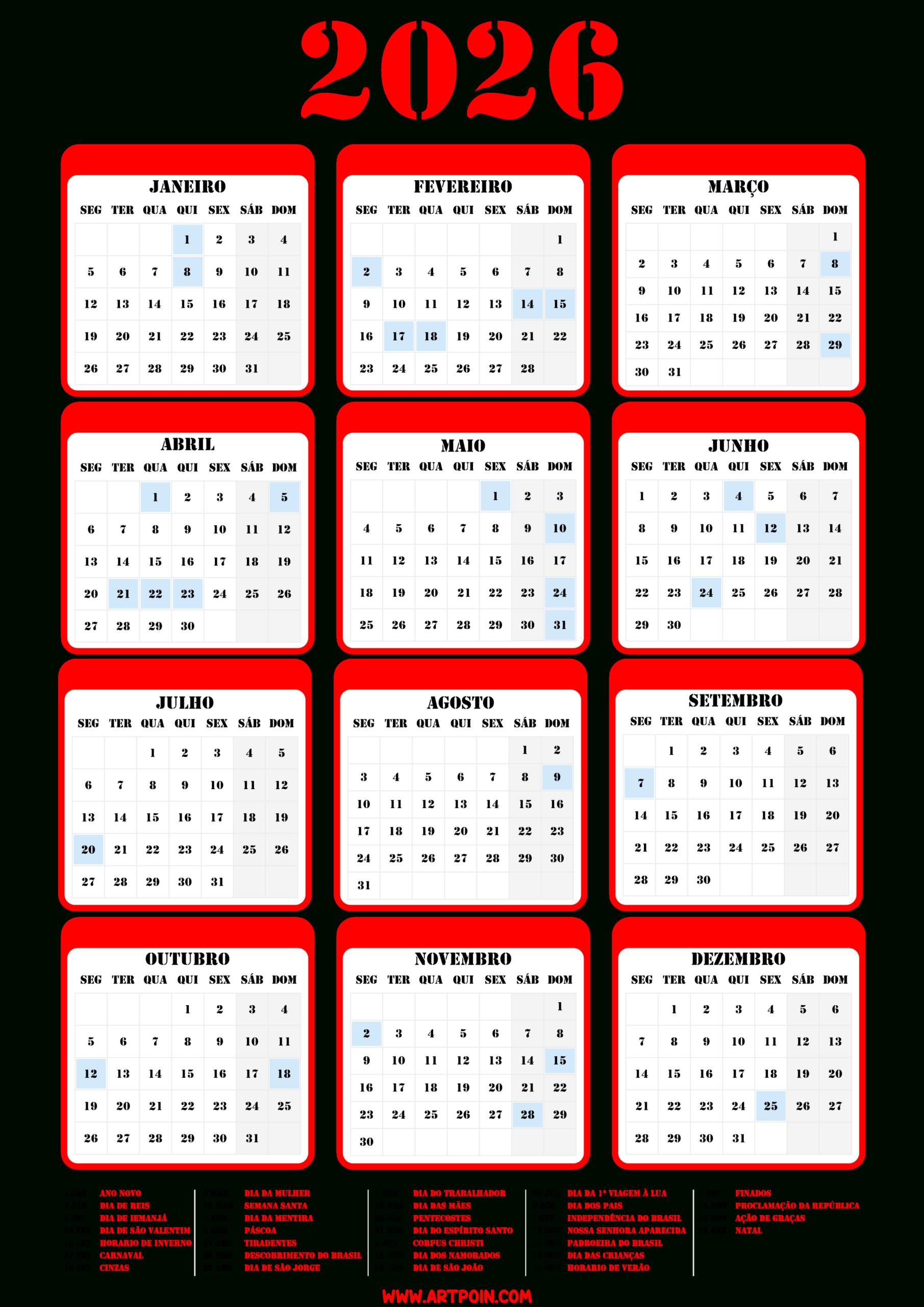 Calendário 2026 Com Todos Os Meses E Datas Comemorativas Ideal | Calendario de 2026 mes de janeiro 2