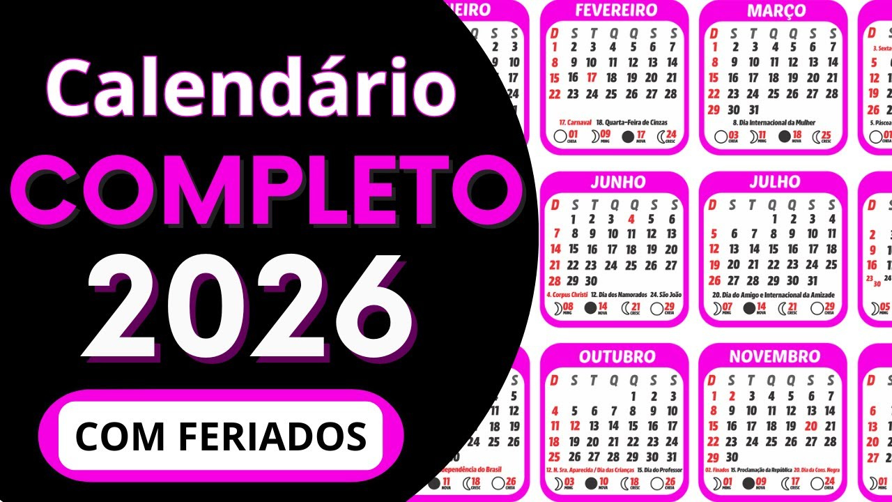 Calendário 2026 Completo – Feriados Nacionais + Fases Da Lua | Calendario Da Lua Janeiro 2026