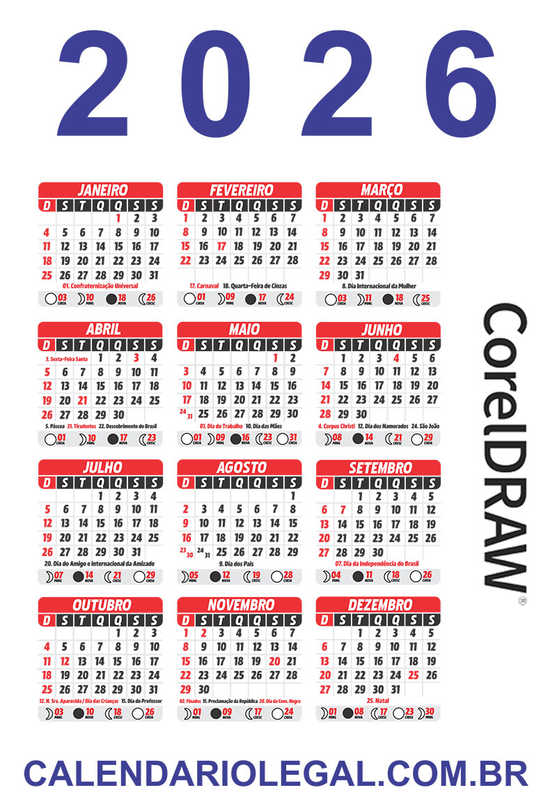 Calendário 2026 De Bolso Com Feriados Arquivo Digital | Calendario completo de 2026