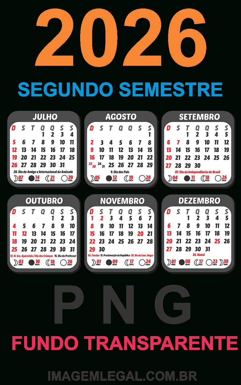 Calendário 2026 De Mesa Segundo Semestre Preto - Imagem Legal | Calendario 2026 de mesa